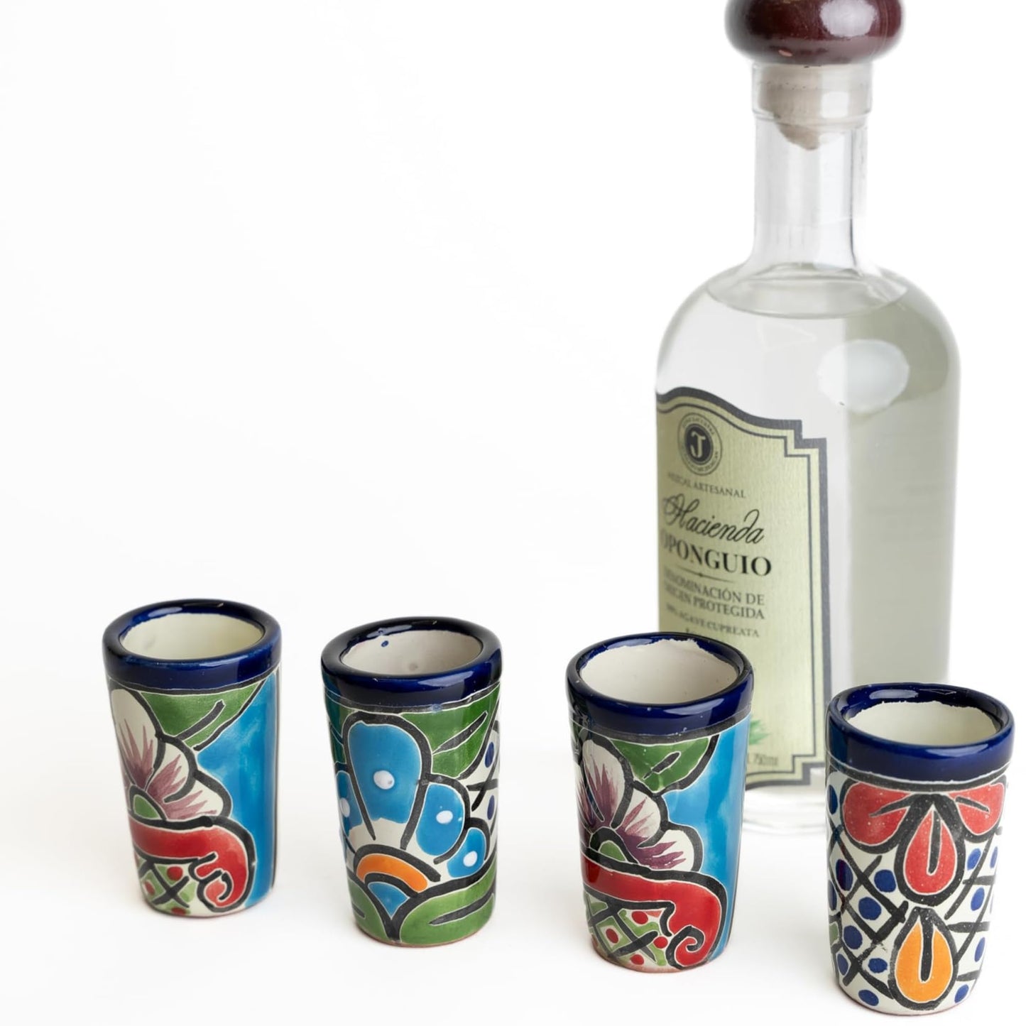 MEXTEQUIL - Talavera Shot Glasses Set of 4 Authentic Mexican Tequila Shot Glasses - Hand-painted - 2 Oz (Blue with Green)