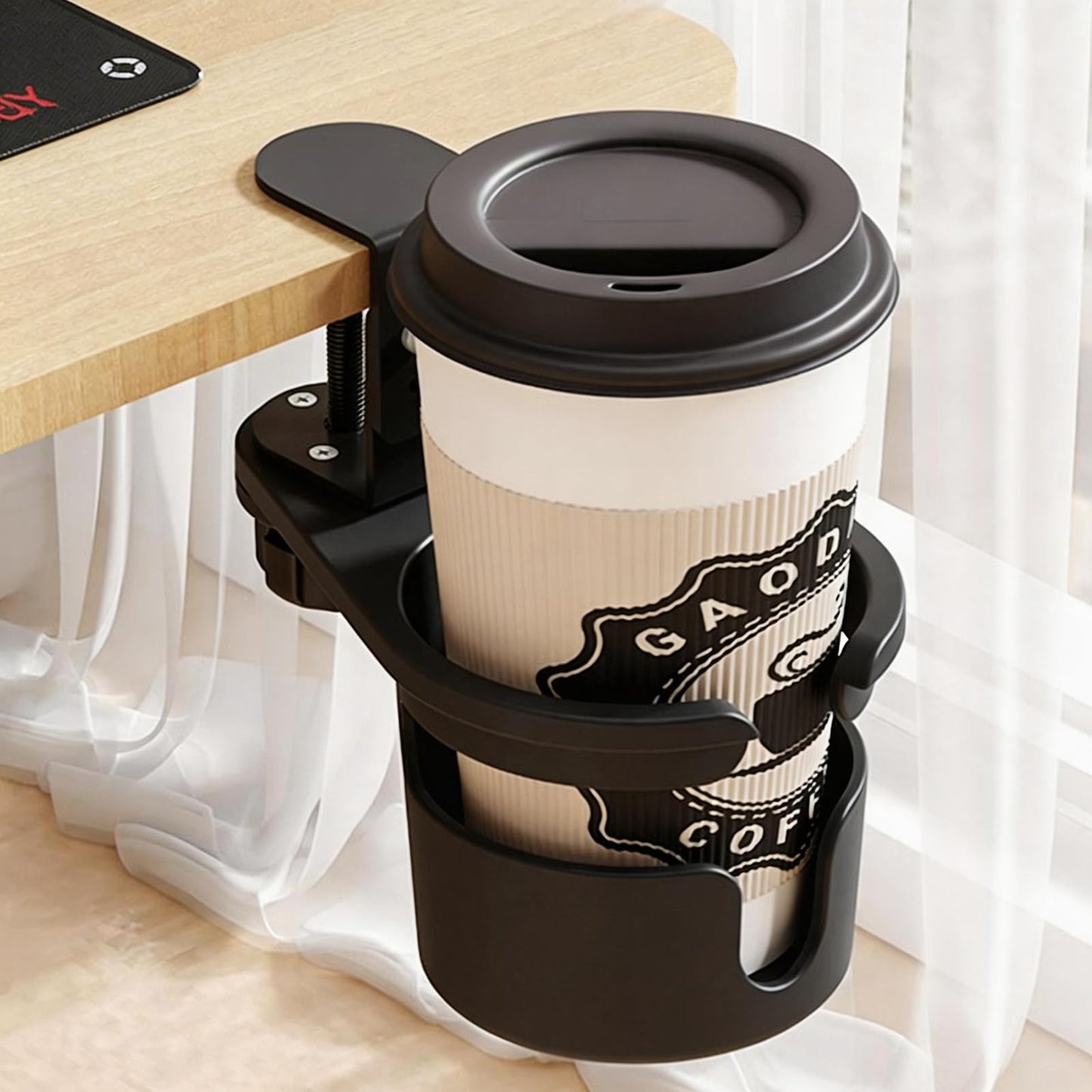 XULIONTS No Drill Desk Cup Holder Clamp, 360° Rotating Anti-Spill Table Cup Holder, Adjustable Clip on Cup Holder for Gaming Desk, Gamer Gift, Drink Holder for Coffee Cup, Office Accessories (Sleek)