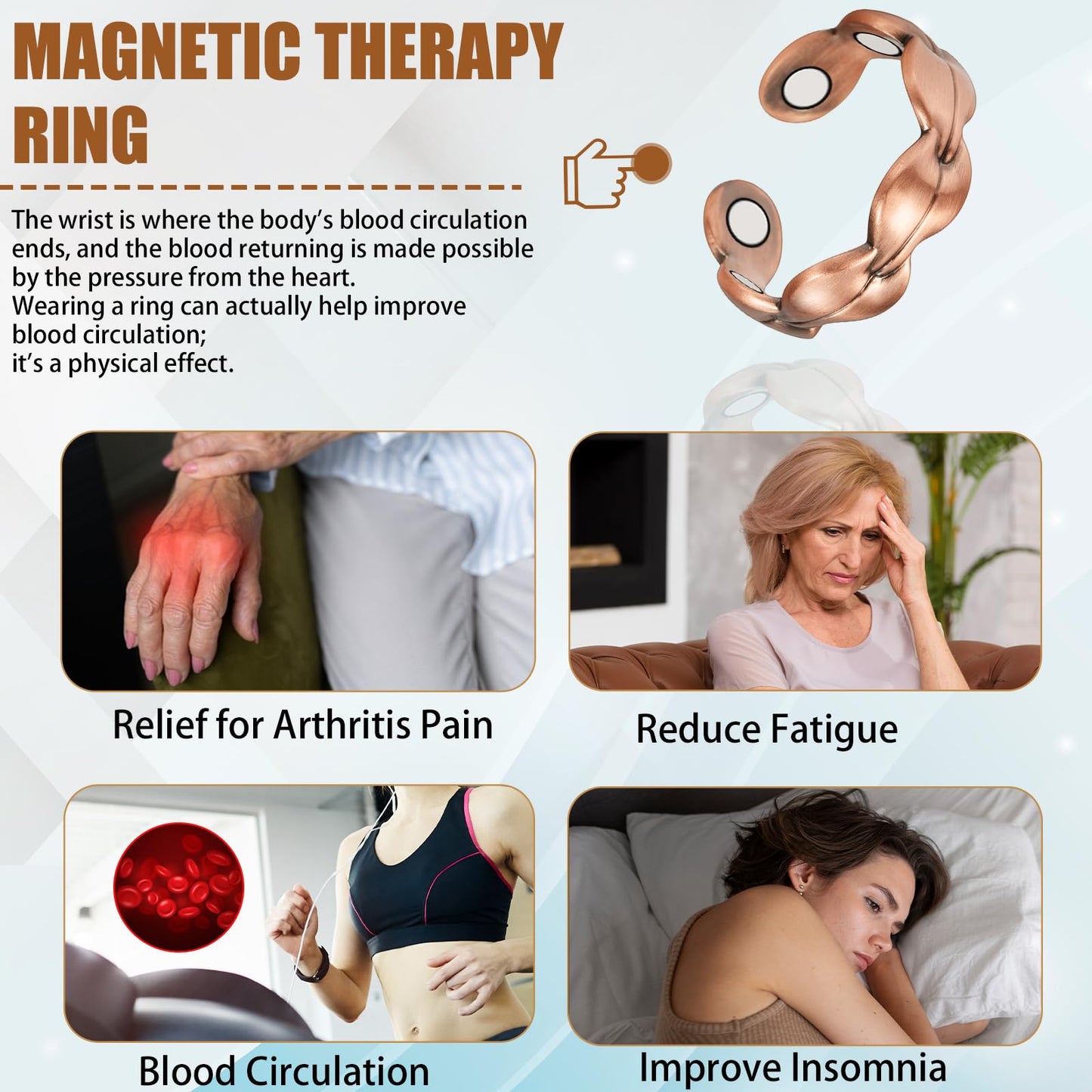 EnerCoppeX Copper Magnetic Ring for Women, Lymphatic Drainage Adjustable Ring, 3500 Gauss Magnet (L)