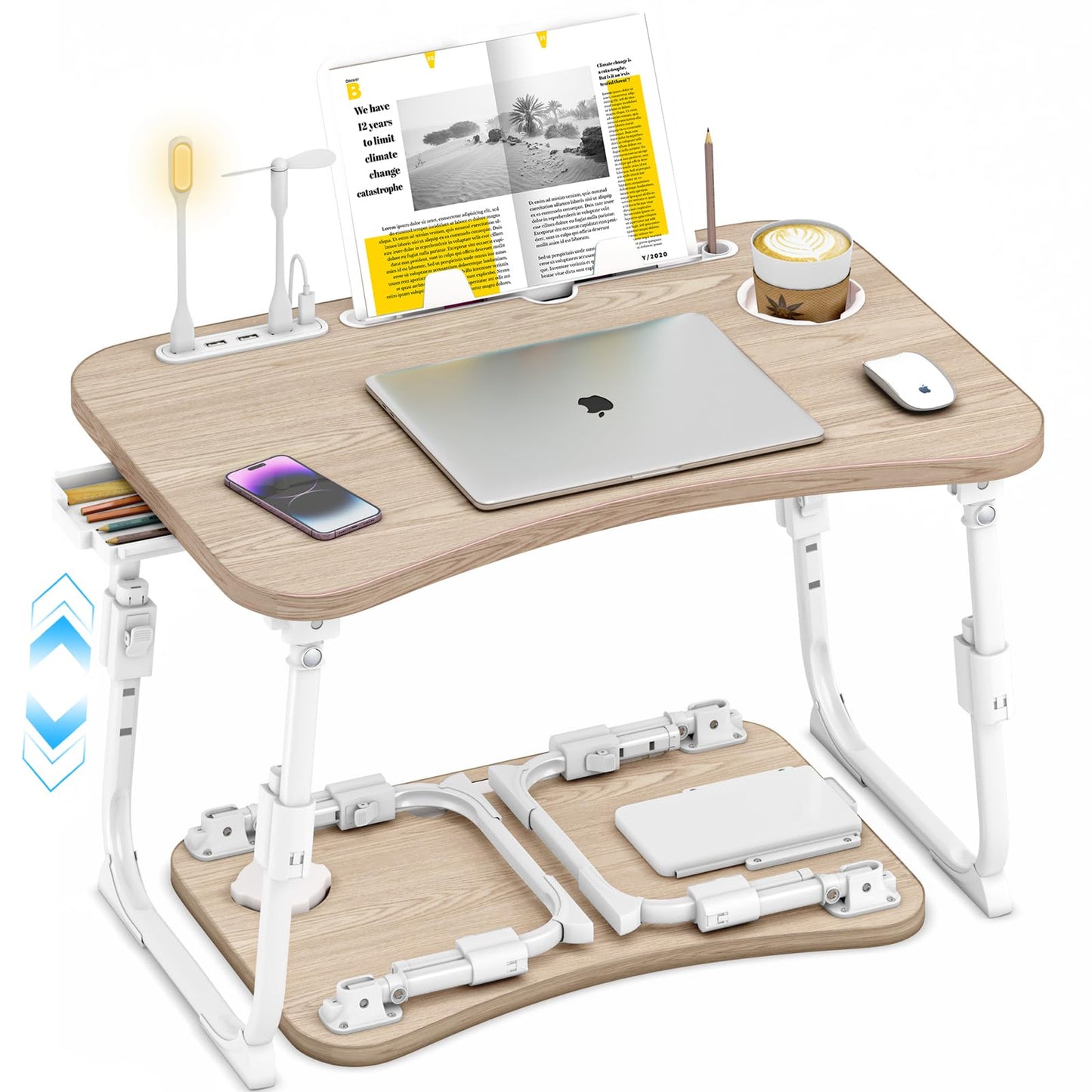 Lap Desk for Bed Adjustable Height, Foldable Bed Table with Storage Drawer, Tablet Slot & Cup Holder, Portable Laptop Stand for Bed & Sofa, Bed Desk for Adults & Kids, Glacier