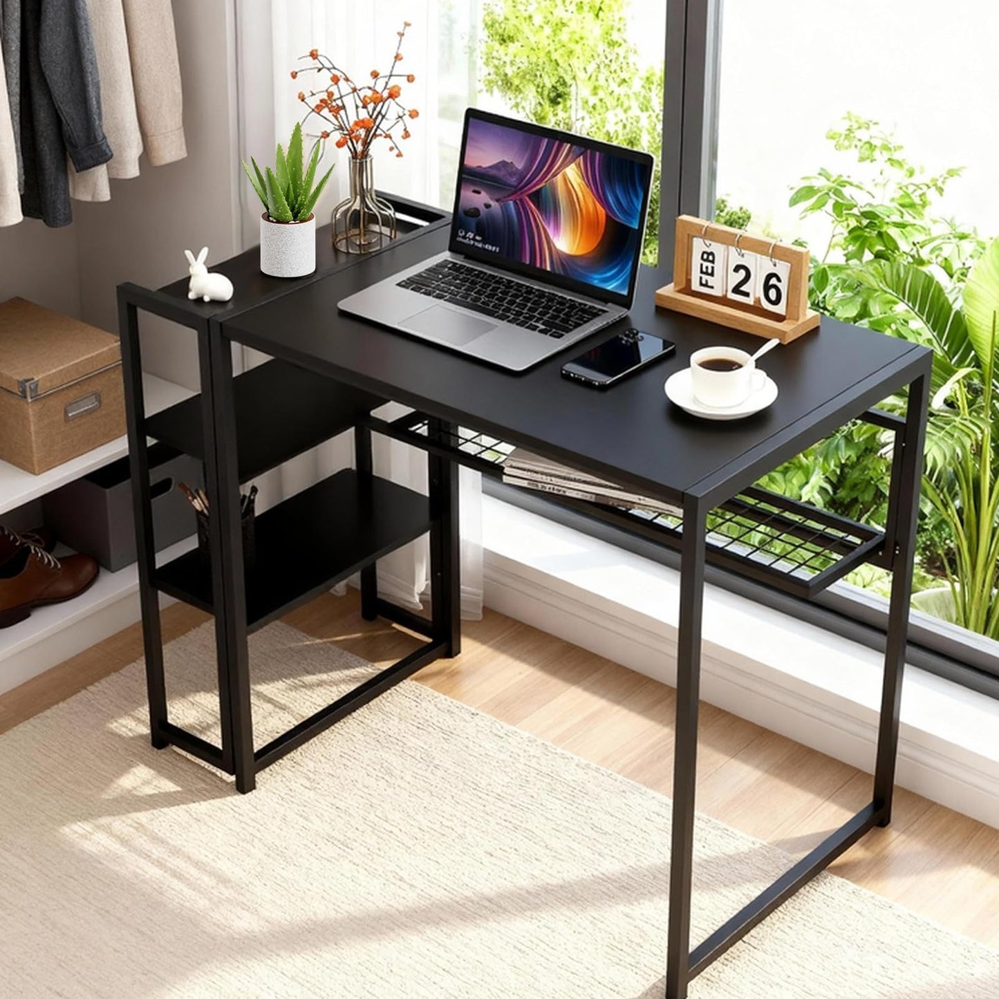 GarveeLife 38.6 inch Folding Desk Writing Computer Desk with Storage Shelf,Spaces Saving Writing Sturdy Table No Assembly,for for Bedroom, Home Office, Dorm, Apartment, Black