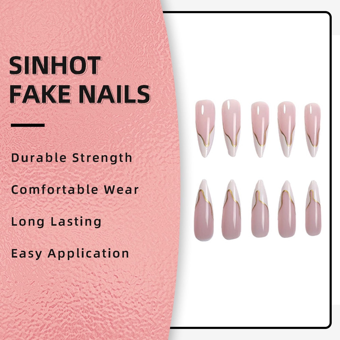 SINHOT Stiletto Press on Nails - Long Fake Nails, Glossy Finish, White French Tip & Gold Line, DIY Artificial False Nail Art - 24 Pcs Nail Kit with Glue