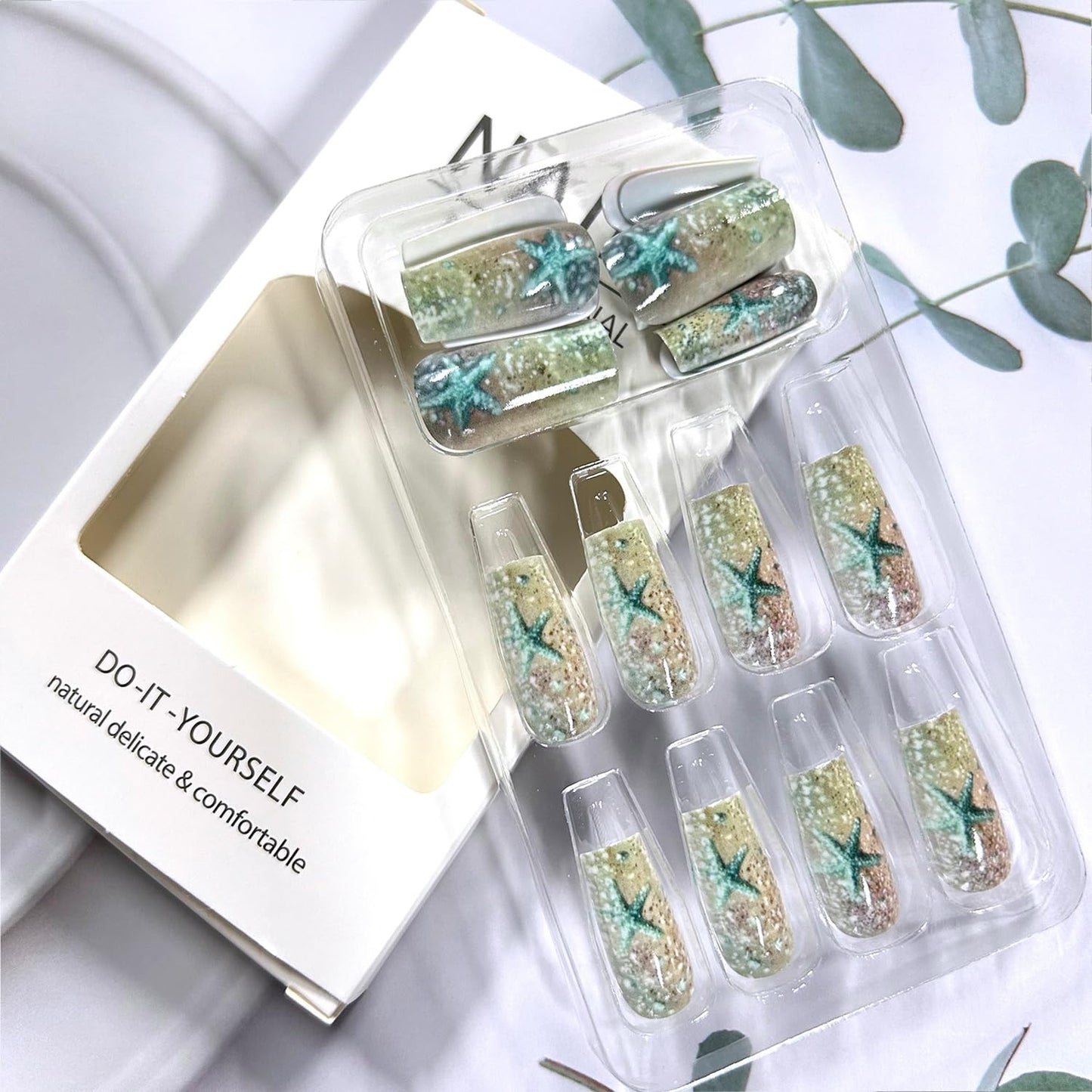 LOPMNGHT Press on Nails Medium Square Nails Artificial Acrylic Fake Nail Light Blue Starfish with Glitter Powder Design Glossy Stick on Nail Full Cover Reusable Coffin Fingernails for Women 24Pcs