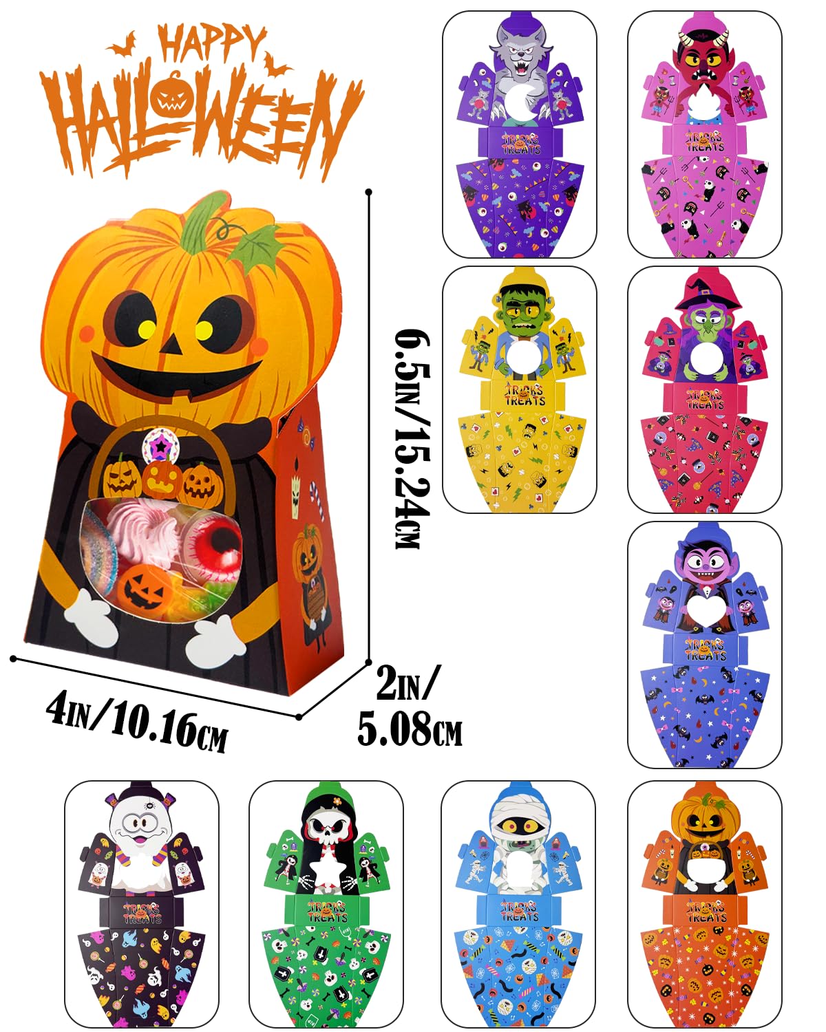 qiqee Halloween Candy Boxes with Window 36packs 4x6.5x2 Inch Bakery Box