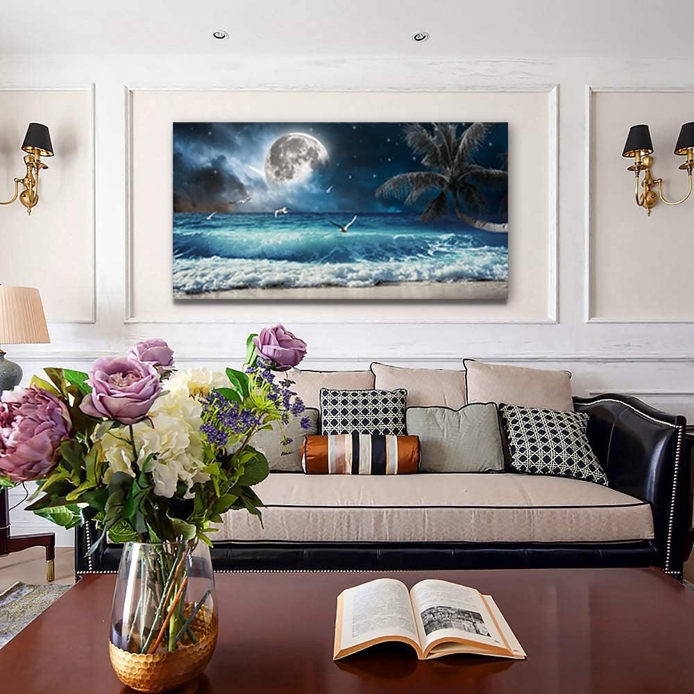 Yxbhhym large Moon Ocean Wall Art Seascape Painting Sea Pictures Canvas Wave Blue Beach Artwork for Wall Landscape Poster Prints Palm Wall Decor Bedroom Living Room Decor Framed-24x48inches