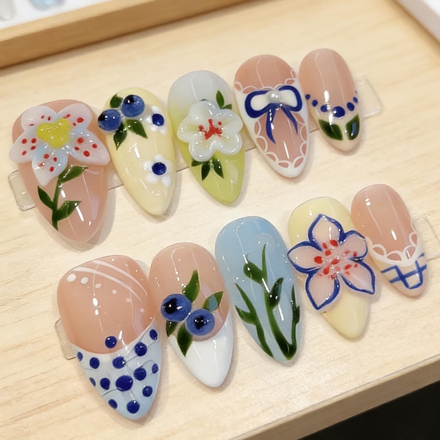 Handmade Press On Nails – Short Almond False Nails for Women, Reusable Acrylic with Bow& 3D Blueberry Design – Salon Quality Fake Nails（S）