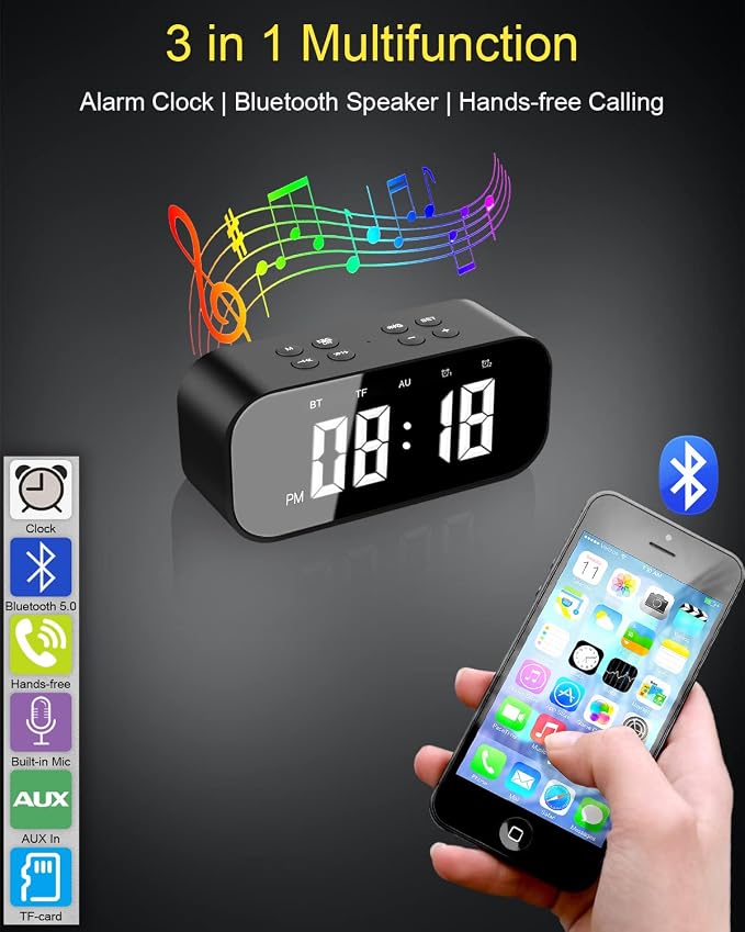 AFK Alarm Clock with Bluetooth Speaker for Bedroom/Office,Small Digital Clock for Heavy Sleepers Adults,Teens,Kids with Dual Alarms,Mirror LED Display,Hands-Free Calling.