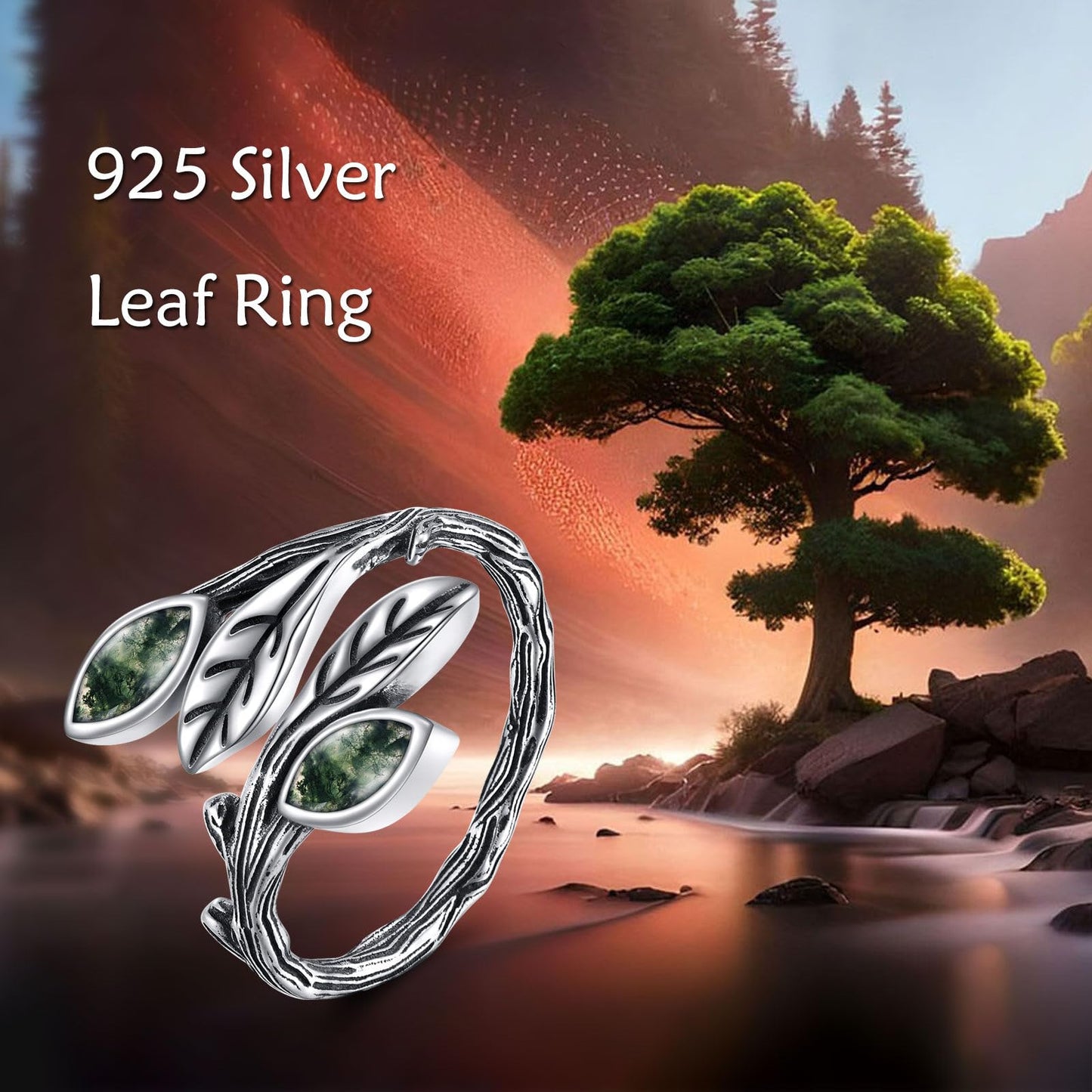 POPLYKE Leaf Moss Agate Ring Sterling Silver Boho Adjustable Open Ring Green Gemstone Spoon Ring Vintage Thumb Rings for Women