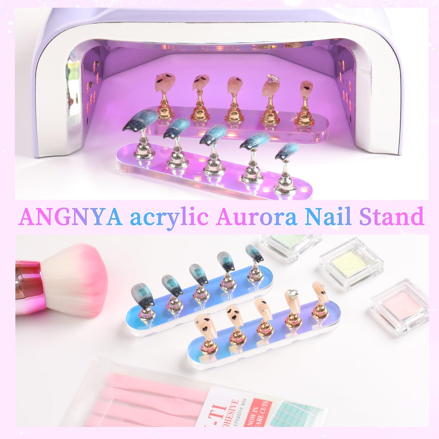 ANGNYA Nail Stand for Press on, 2 Set Aurora Nail Holder for Painting Nails Press on Nail Stands with 96 Pcs Reuseable Mounting Tapes for Nail Art Display Home & Salon Use