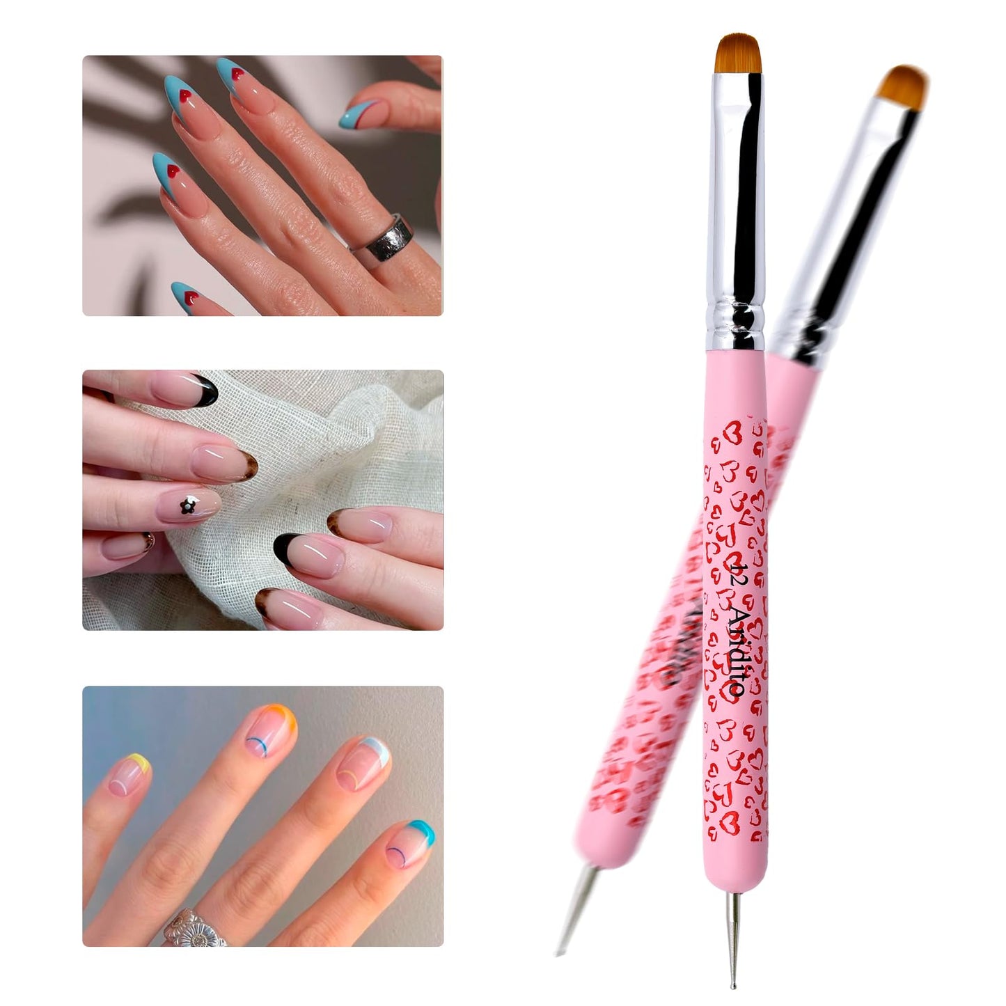 Aridito 4Pcs Professional Acrylic French Manicure Clean-Up Brushes & Dotting Pens - Pink Heart Handles, Precision Tips (#10#12#14#16) for Nail Art, Cuticle Care (pink)