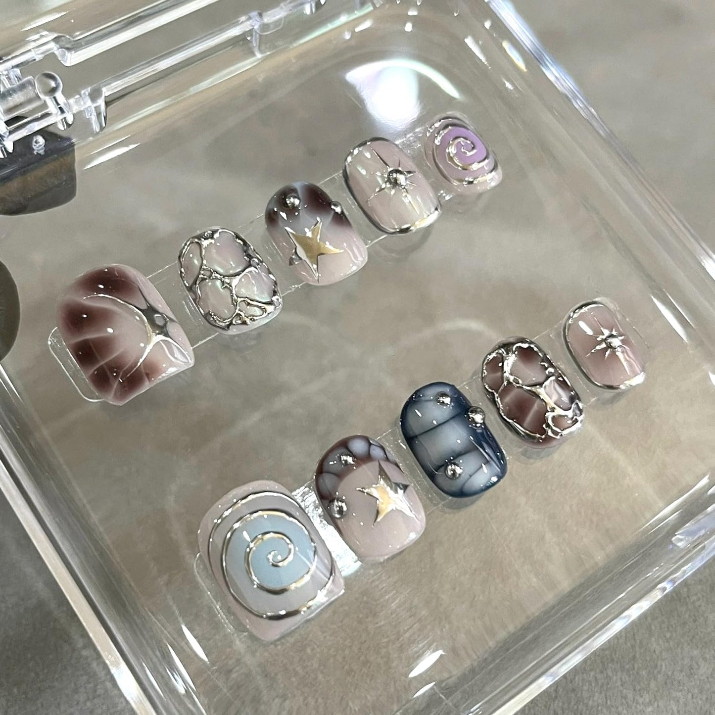 24Pcs Y2K Sweet Press on Nails Short Square Fake Nails Silver Irregular Designs French Nails Tip Stick on Nails Full Cover Artificial Glue on Nails Rhinestones Nail for Women DIY Punk Manicure
