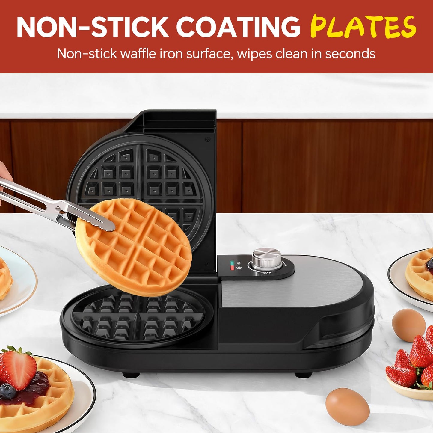 Double Waffle Maker, Belgian Waffle Maker, 6.5 Inch Waffle Iron with 2 Independent Adjustable Temp Knobs & Indicator Lights, Easy-Clean Nonstick Plates, Stainless Steel, Black