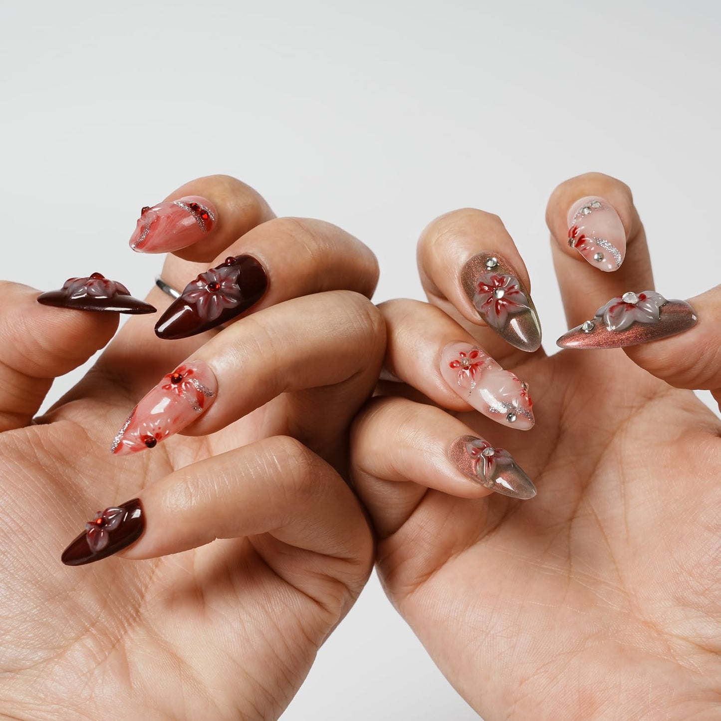 Tesytto Medium Almond Press on Nails – 3D Rhinestones & Red Ombre, Handmade Floral Thick Acrylic Gel Nails (Evil Flower, L)