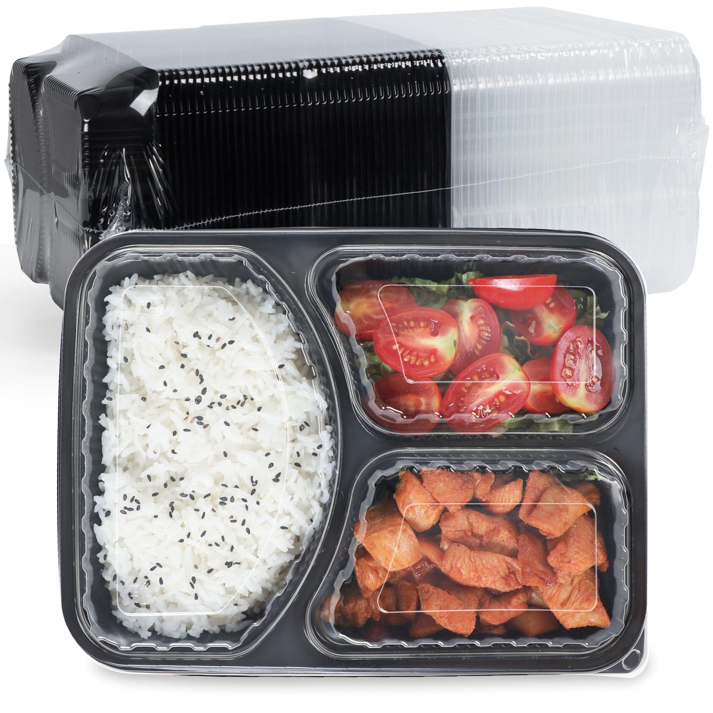 FRESHPAK Food Containers Reusable 40 Pack 38oz - Shrink Wrap Leakproof | Portion Control Leftover Plastic Container with Lid | BPA Free Freezer & Microwave Safe Meal Prep | 3 Compartment Takeout Boxes