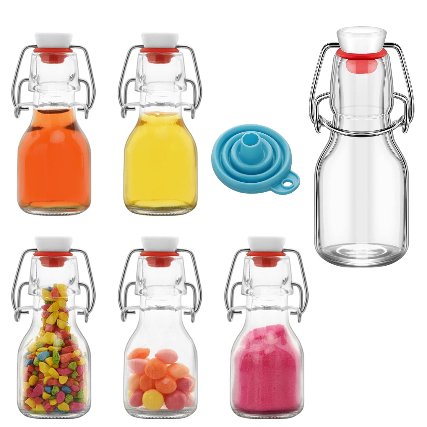eispap 6Pcs Red Lid 2 oz Mini Swing Top Glass Bottles, 60ML Mini Storage Bottles, with Lids Kraft Decoration,Small Glass Bottles,for Wedding Themed Party Favors (6)