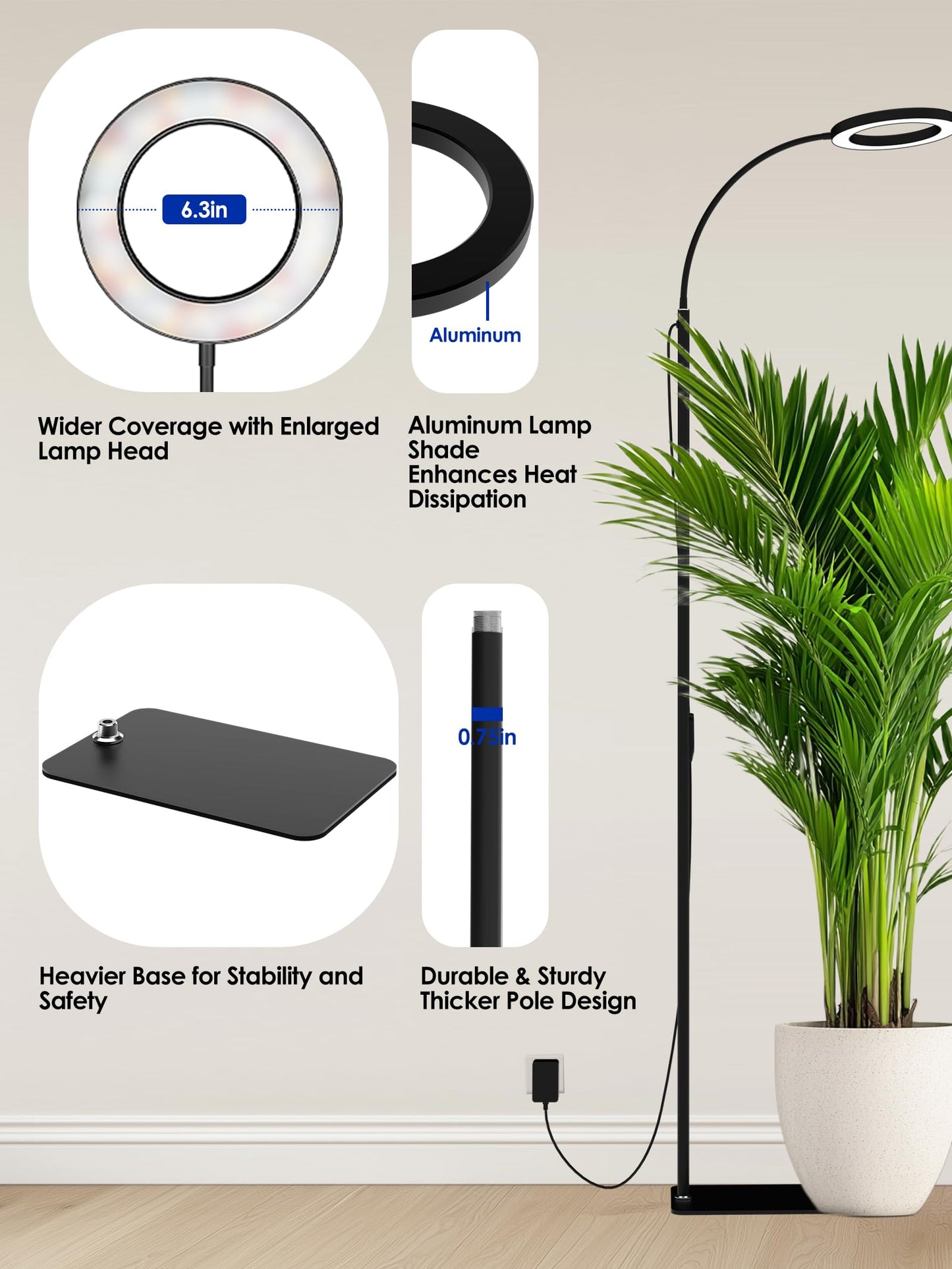 GLOWRIUM Grow Lights for Indoor Plants, Full Spectrum LED Grow Light Floor Lamp with Stand Adjustable Height and Angle, Black Plant Light with 3/9/12H Grow Light Timer (Black, 20W)