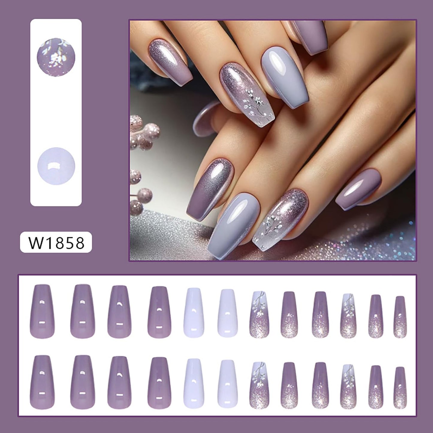 CJDLTS Light Purple False Nails Gradient Press on Nails Medium Ballet Shaped Nails Flower Pattern Design French Stick on Nails Cute Fake Nails Artificial Coffin Nails Acrylic Glue on Nails for Women