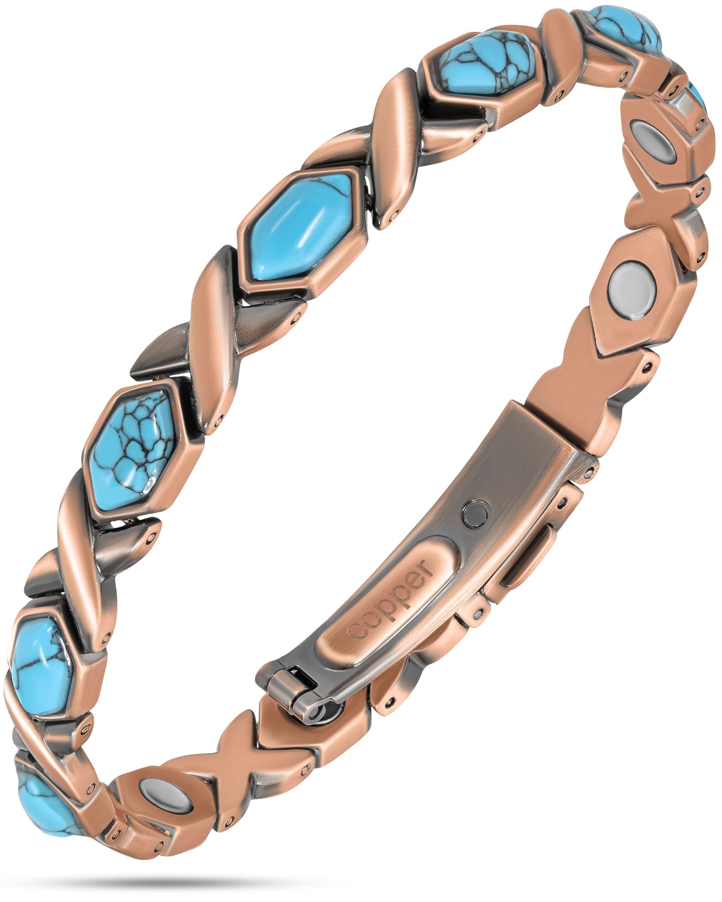 MagnetRX Pure Copper Bracelets for Women – Ultra Strength Copper Magnetic Bracelet with Turquoise Stone – Adjustable Turquoise Bracelet for Women with Sizing Tool (Turquoise XO)