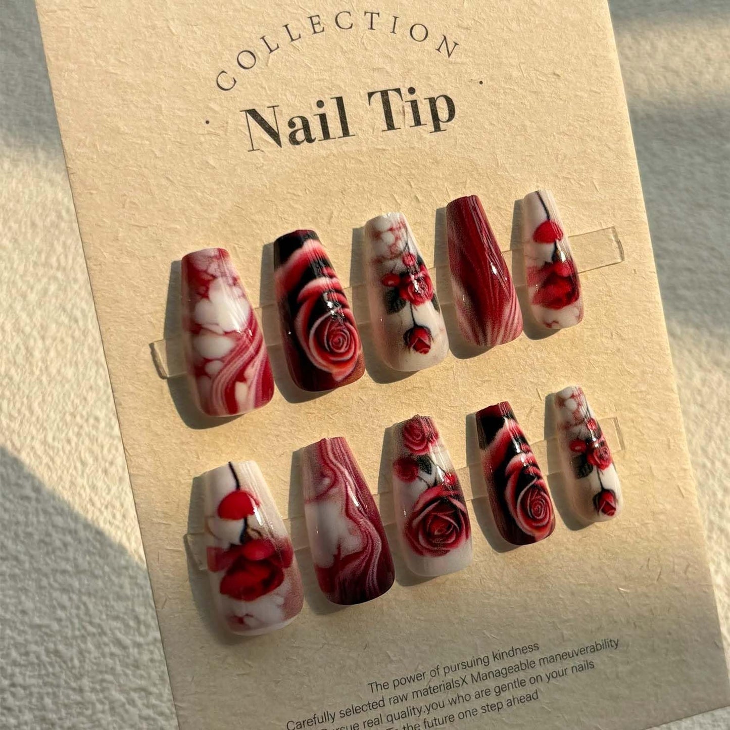 24pcs Rose Press On Nails Medium Coffin Fake Nails Flower With Gradient Design Red Acrylic Nails Full Cover Artificial Nails Glossy Glue On Nails Reusable Stick On Nails For Women Manicure