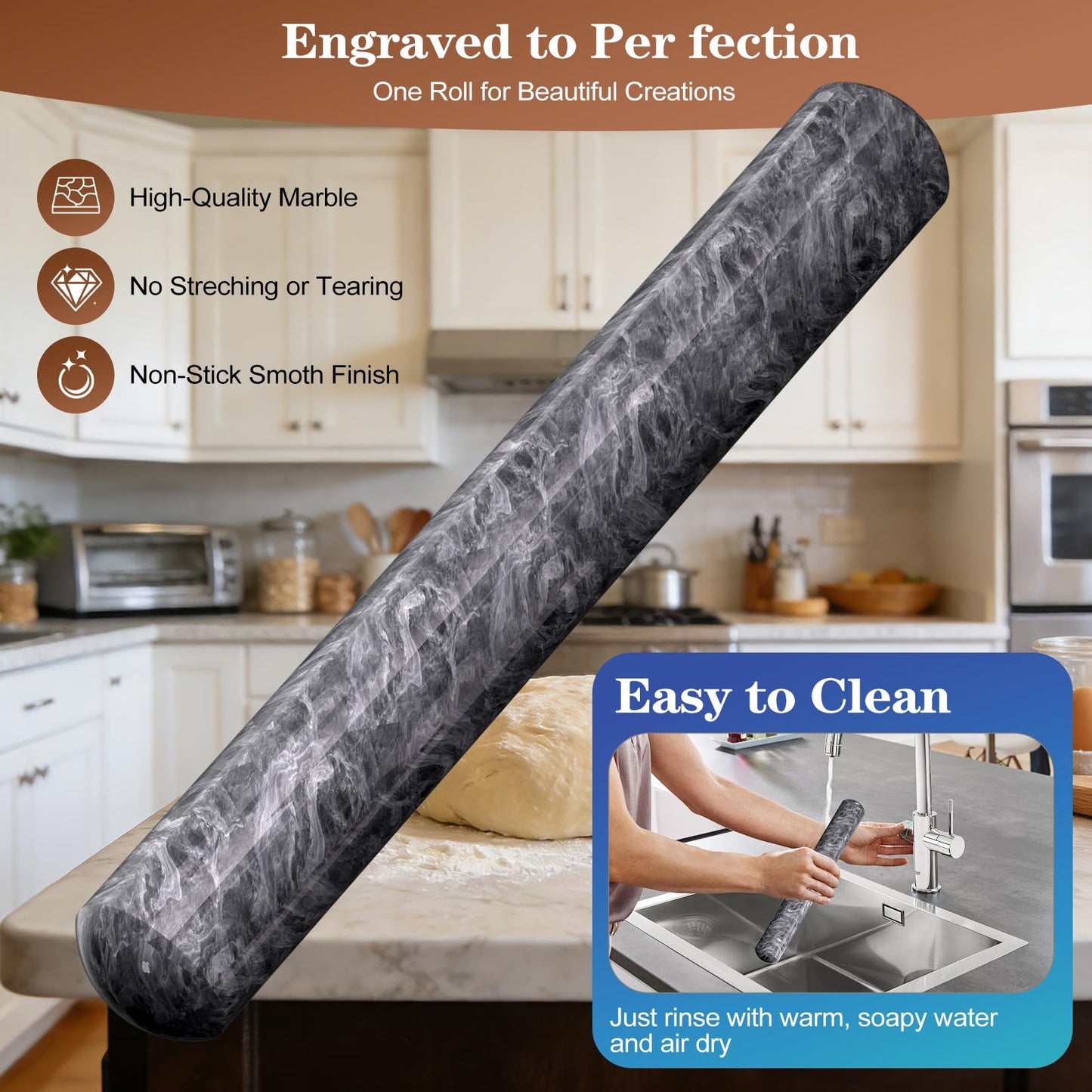 Marble Rolling Pin with Wooden Stand, FiiMan 12 Inch Heavy Rolling Pin for Dough, Stone French Polished Non-Stick Roller Pins For Baking Cookie Pizza Pastry (Black)
