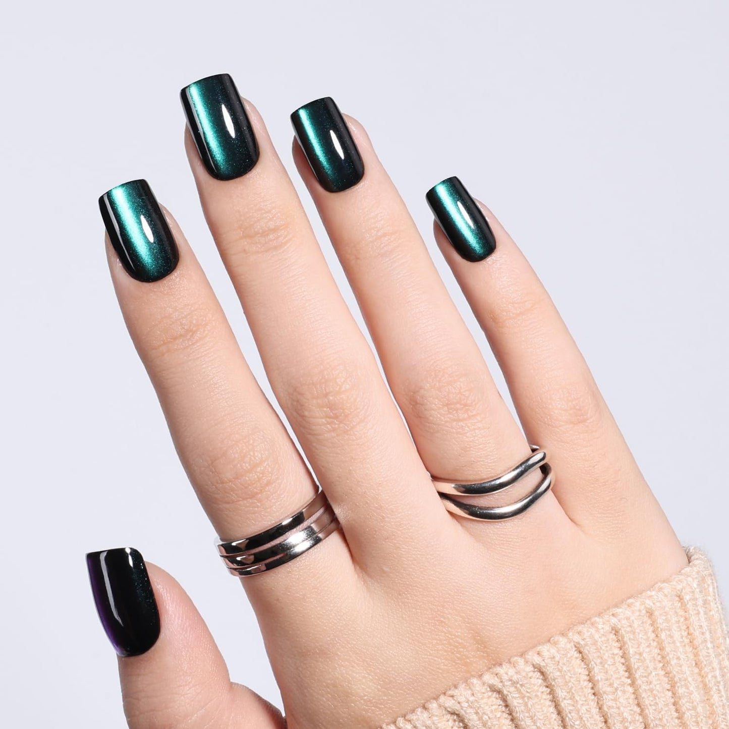 Leefrei Cat Eye Press On Nails - Short Square Deep Green Nails Press Ons for Women DIY Glossy Fake Nails Kit with Glue, Reusable Soft Gel Glue on Nails Short in 16 Sizes - 32pcs, Emerald Mirage