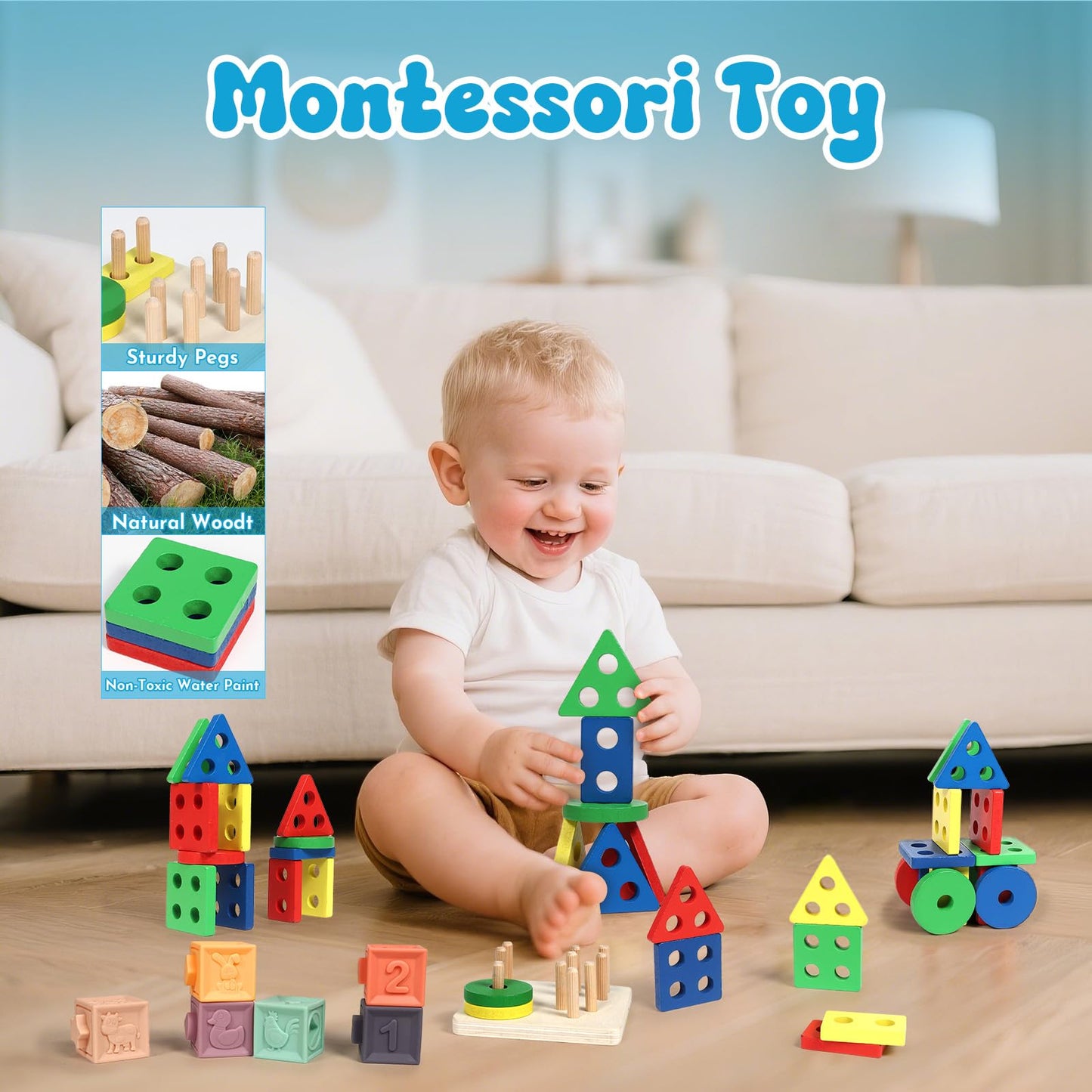 LearnToy Baby Toys 18-36 Months, Montessori 7-in-1 Activity Set - Stacking Blocks, Infant Teething Toy & Sensory Bin, Baby Boys & Girls Gifts