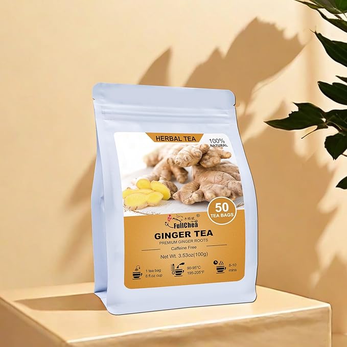 FullChea - Ginger Tea Bags, 2g*50 Teabags - Premium Ginger Root Tea Bag - Warm & Spicy - Non-GMO - Caffeine-free - Support Digestion & Boost Immunity