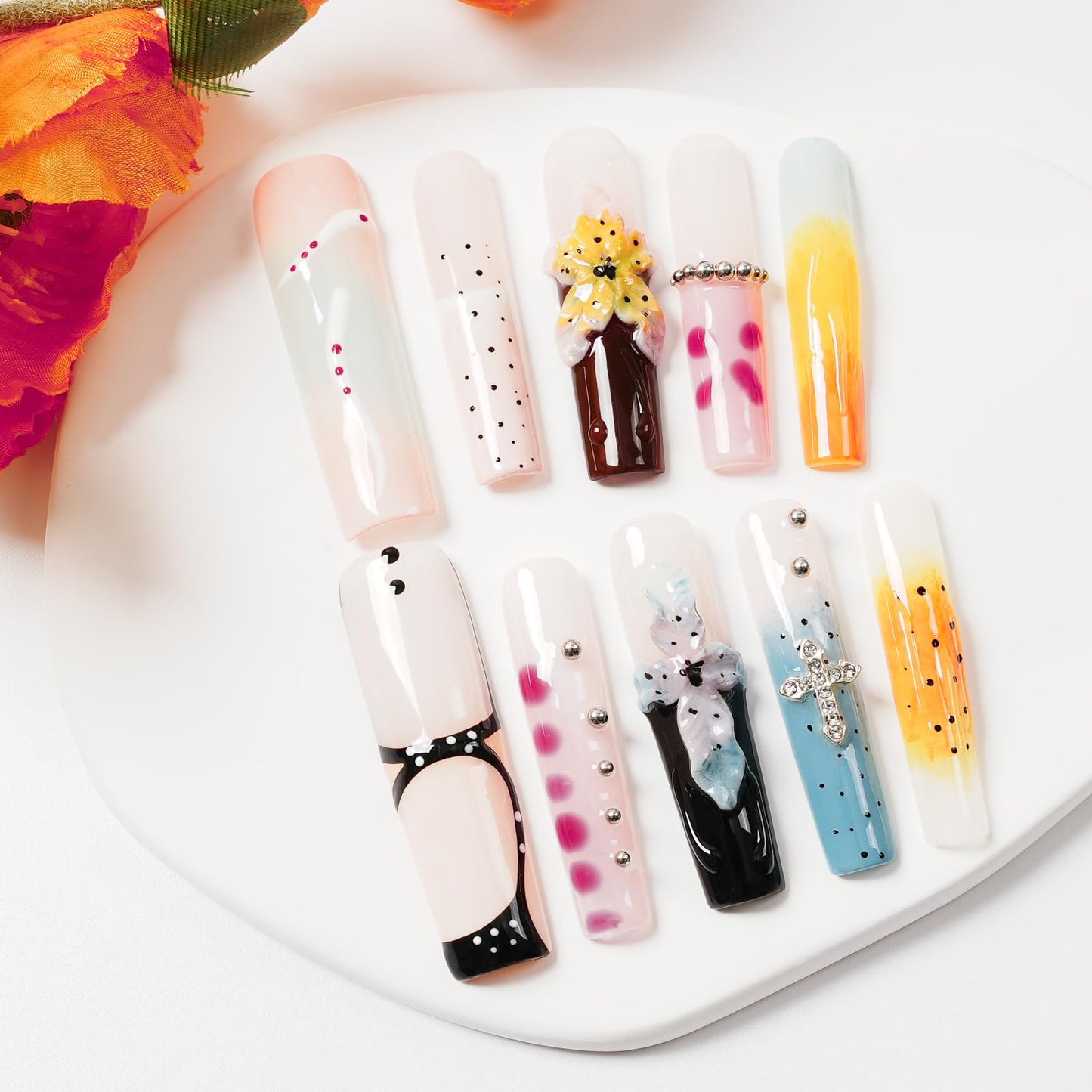 Tesytto Luxury Handmade Press on Nails - Long Square French Tips Press on Nail with 3D Flowers & Rhinestones Cross Design，Multi-Layer Gel False Nails for Women (Ice Crystal Water Lily,M)