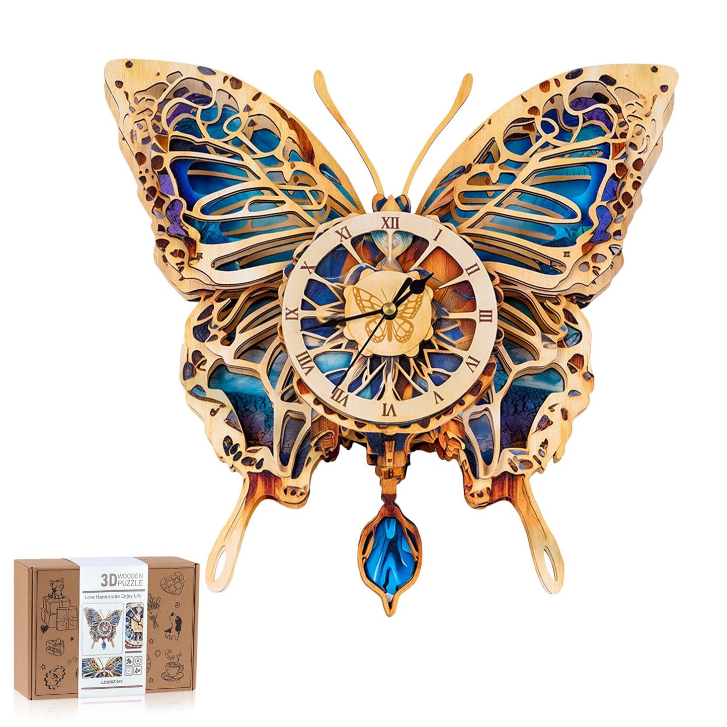 Rnfinewow 3D Puzzles for Adults, Butterfly Design Clock Kit with Pendulum, Beginner 3D Wooden Puzzles Model Kit DIY Crafts for Office Wall Decor Hobbies Birthday Christmas Idea Gift