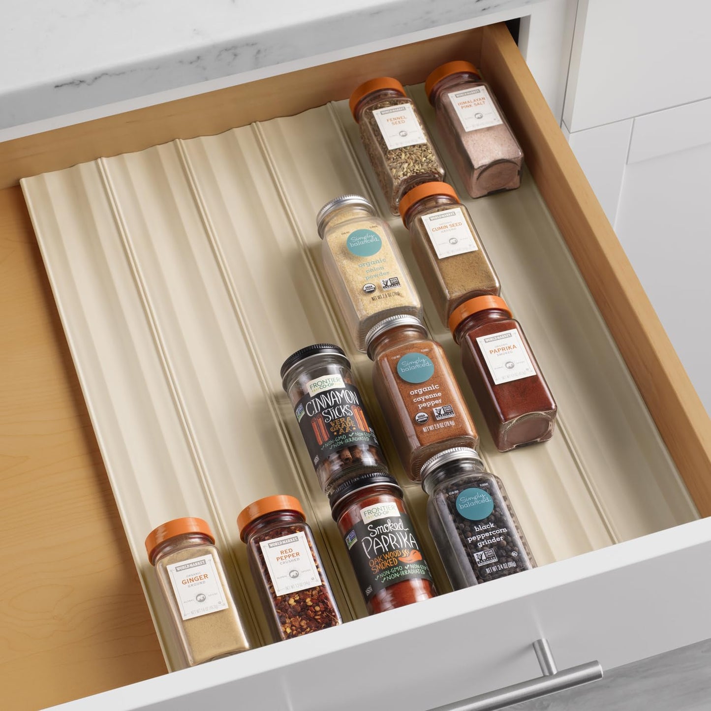 YouCopia SpiceLiner Adjustable Spice Drawer Liner, 10ft Roll, Sandstone, Seasoning and Spices Bottle Organizer Insert