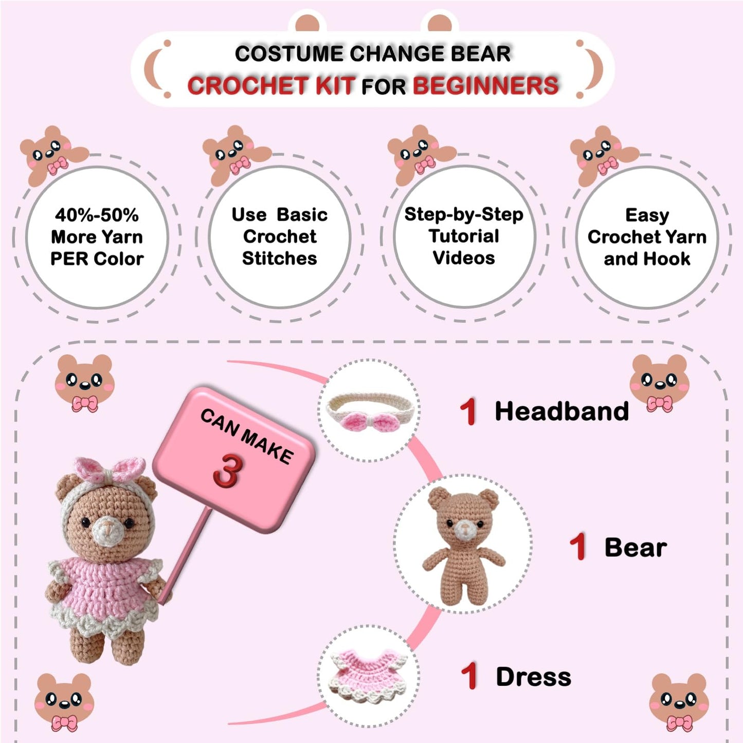 LoopMap Amigurumi Crochet Kit for Beginners with Removable Dress & Video Tutorials, DIY Bear Making Kit Includes Premium Yarn & Tools, Creative Gift for Adults Teens (Pink)
