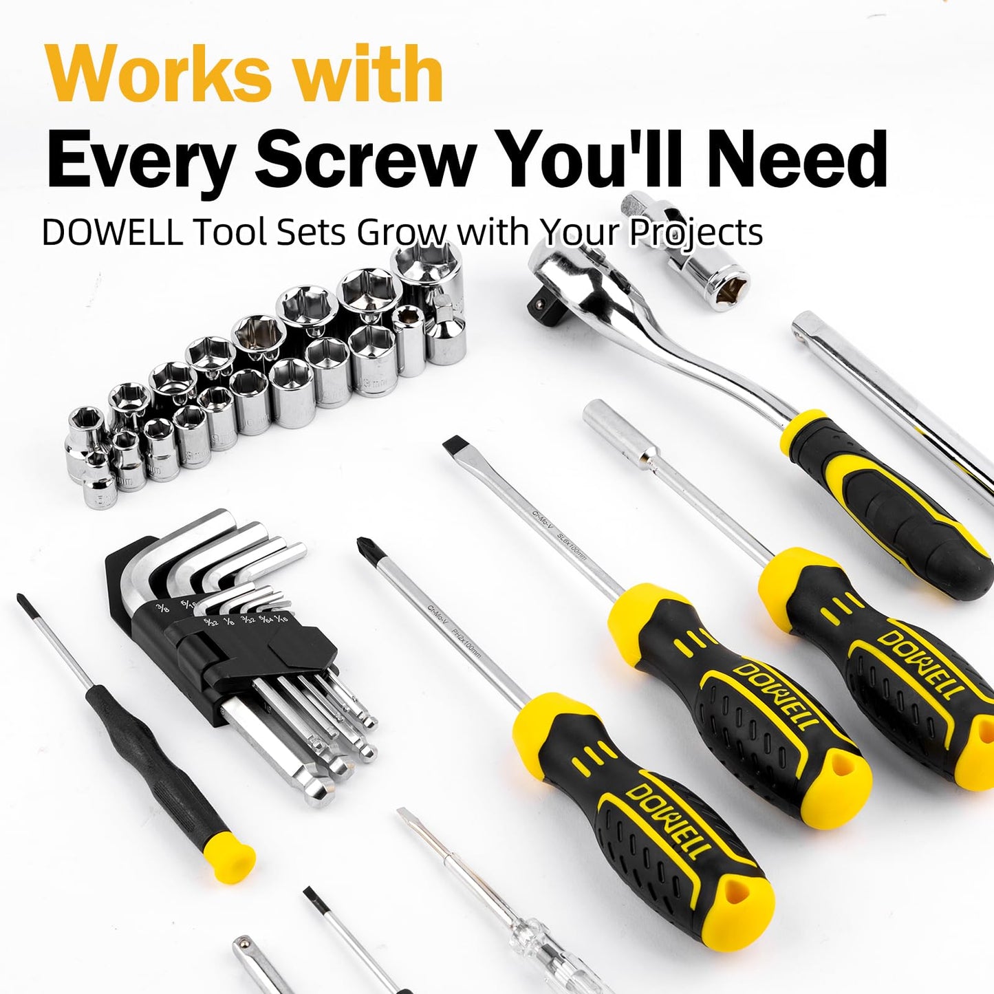 DOWELL 219-Piece Home Tool Set with 3.6V Electric Screwdriver, General Household Tool Kit in Drawer Toolbox for DIY, Furniture Assembly & Repair (Screwdriver, Hex Keys, Wrench, Hammer Included)