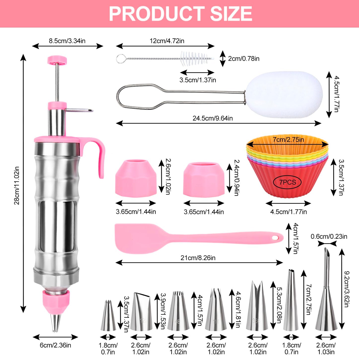FACIACC Dessert Decorating Syringe Set, Stainless Frosting Piping Kit with 7 Piping Tips & 7 Silicone Cupcakes, Dessert Making Tools for Baking Cupcakes, Cookies & Pastries