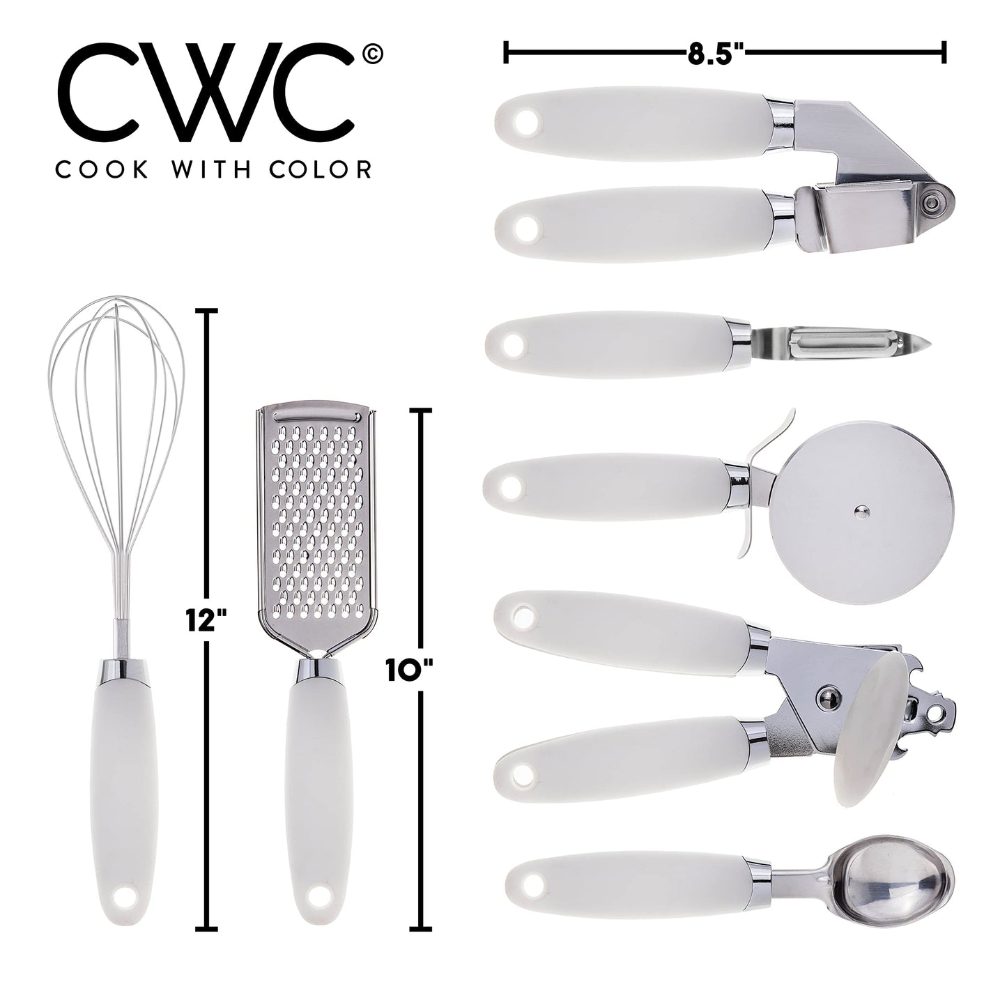 COOK WITH COLOR Kitchen Gadget Set Stainless Steel Utensils with Soft Touch Handles, 7 Pieces, Stainless Steel White