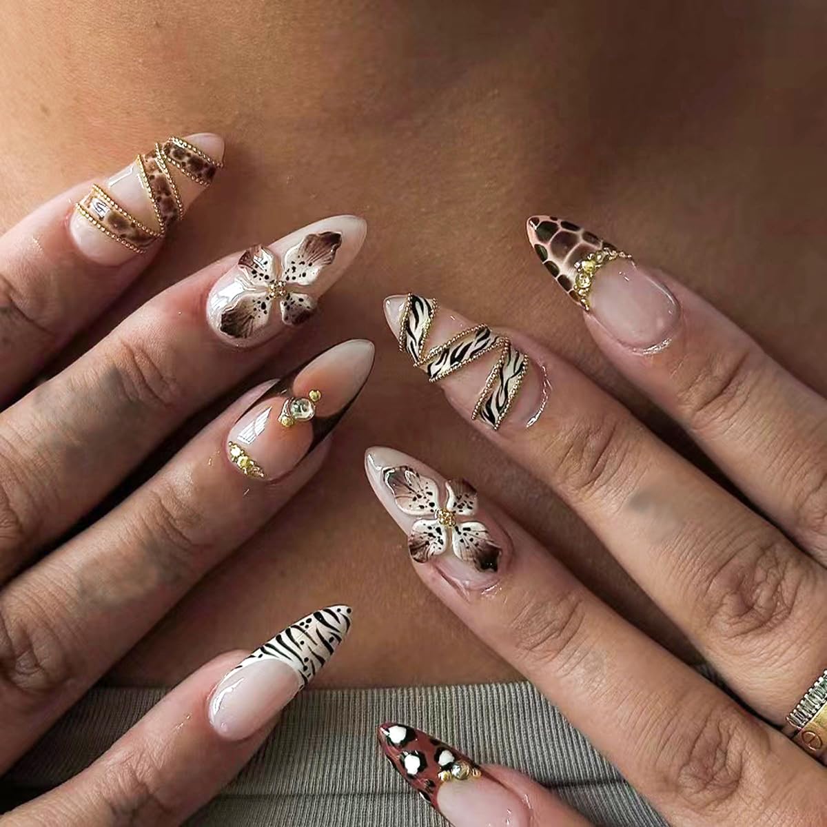 Medium Almond Press on Nails Brown Fake Nails 3D Flower False Nails Crocodile Zebra with Gold Beads Design Full Cover Glossy Glue on Nails for Women 24PCS
