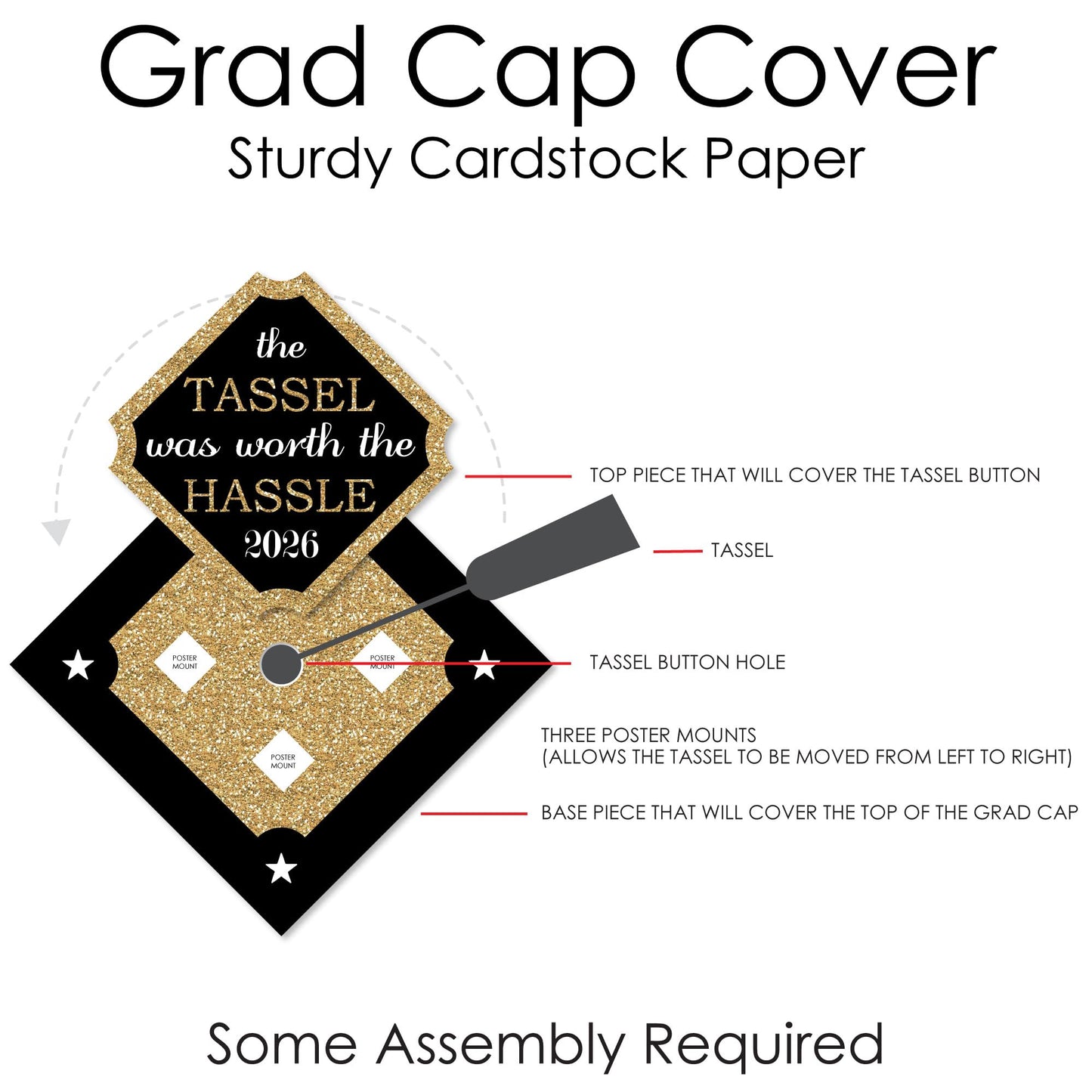 Big Dot of Happiness 2026 Graduation Cap Decorations - Premium Gold Cap Cover Kit, Custom Grad Display, DIY Graduation Cap Topper, Class of 2026 Celebration Set
