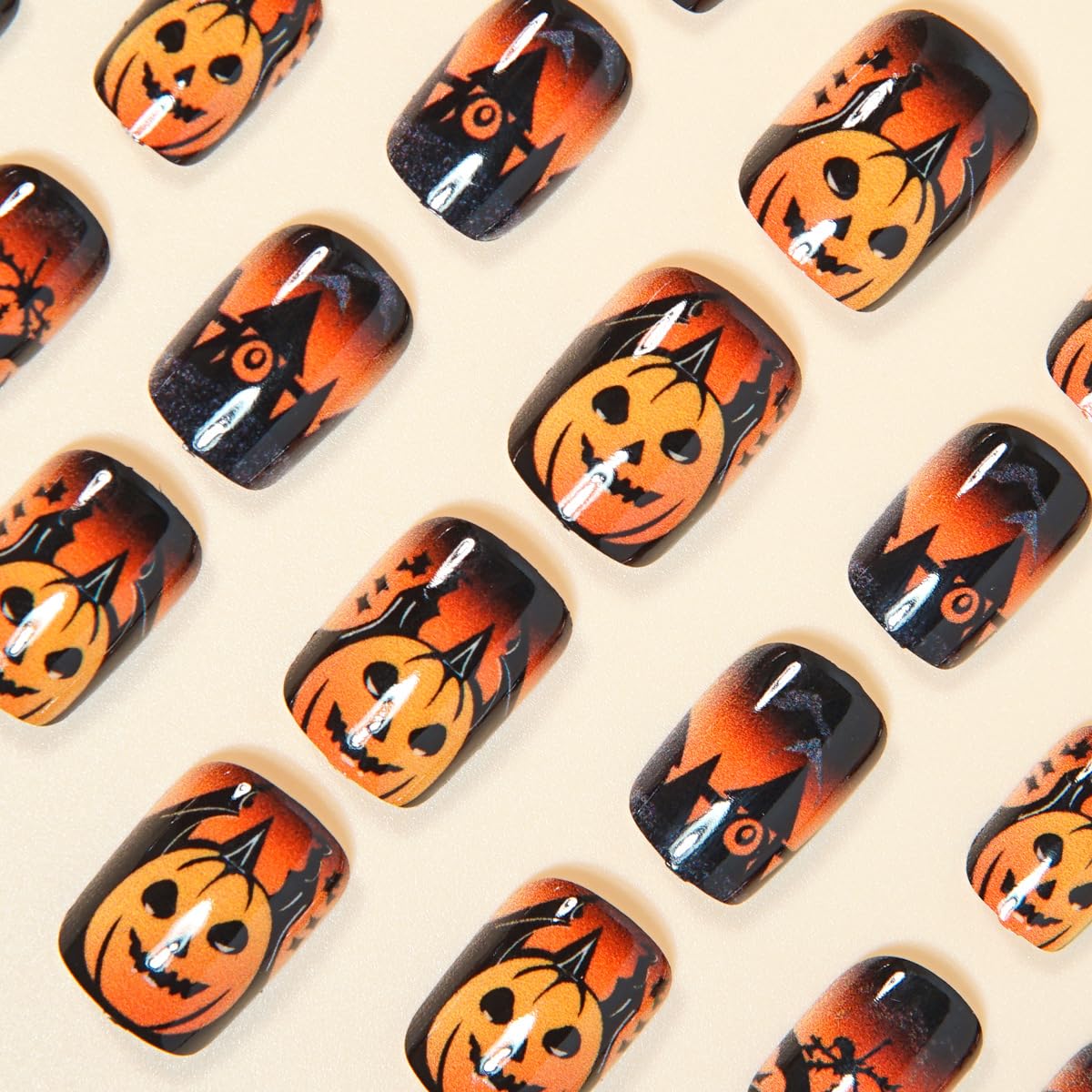 Halloween Orange Press on Nails Short Square Fake Nails Evil Pumpkin Gradient Full Cover Stick on Nails with Designs Reusable Halloween Nails Press ons Castle Black Acrylic Nails for Women