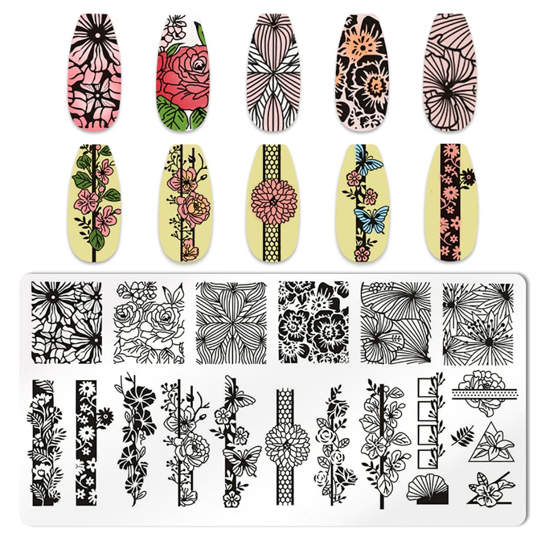 JERCLITY 6pcs Flower Leaf Nail Stamping Plate Nail Stamping Kit for Nails Flower Leaf Image Plates Nail Art Design Template Print Nail Stamper Kit for Women