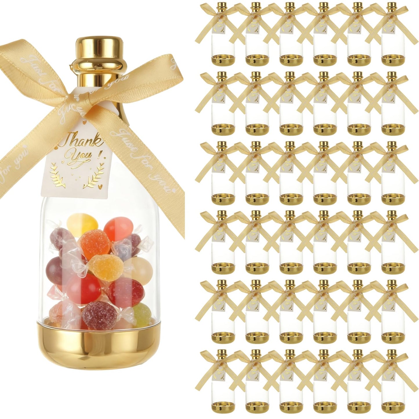 LOLYSIC 36PCS Mini Champagne Bottle Candy Container Shaped Jars Gold Plastic DIY Favor Candy Bottle Wedding Party Favor Containers, Comes with Card and Bow Ribbon