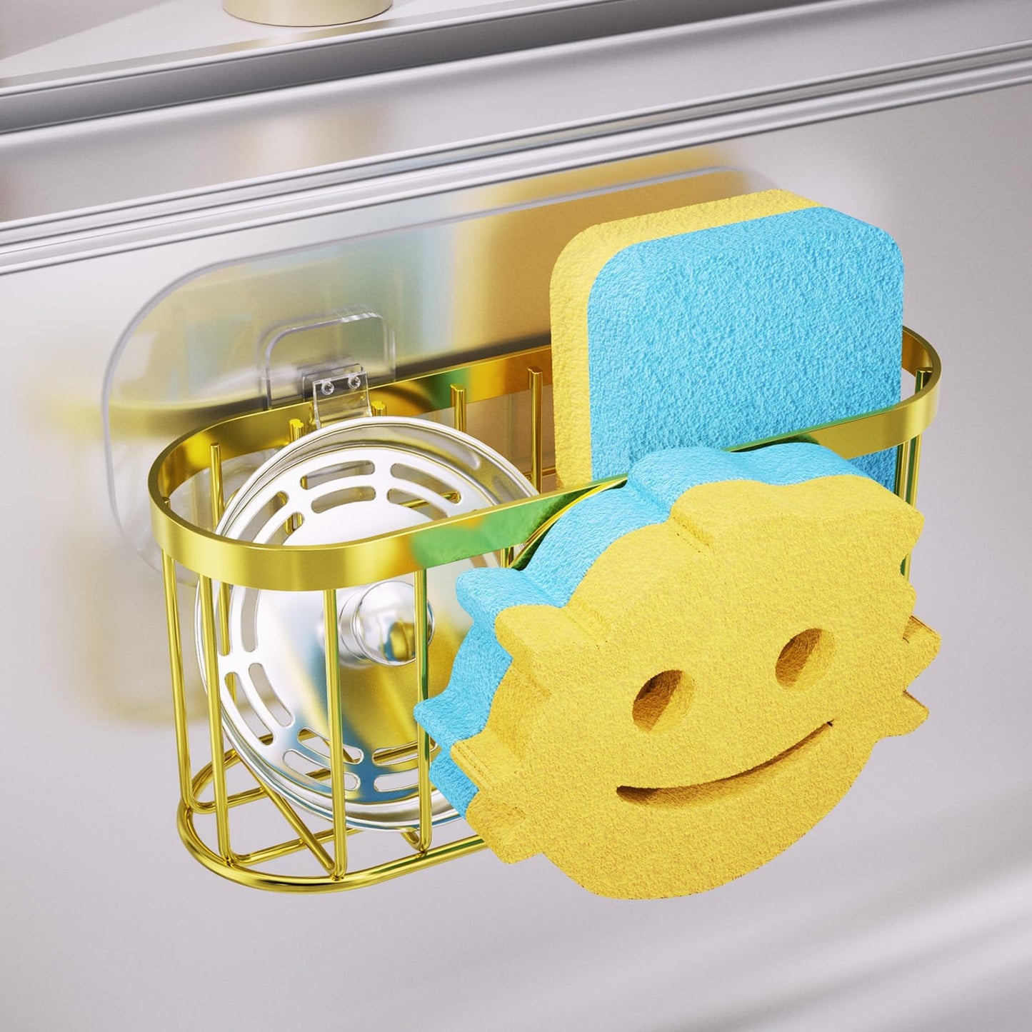 Consumest Sponge Holder Smiley Face - Kitchen Sink Caddy, Sink Organizer with Removable Suction Cups & Adhesive Strips, Suit for Sponge, Soap,Gold
