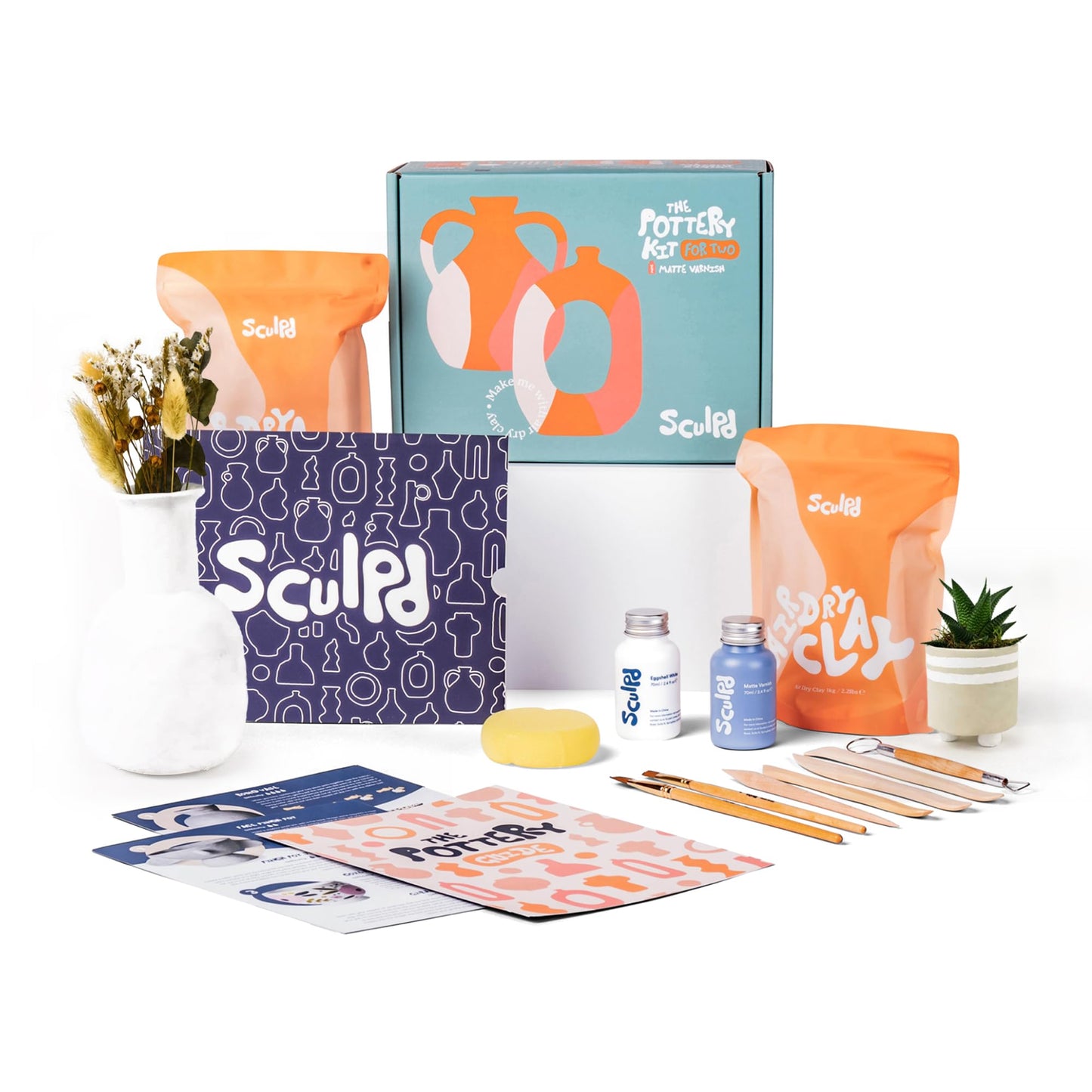 Sculpd - The Original Pottery Kit for Adults - Air Dry Clay for Adults, Tools, Varnish, Brushes, Mother's Day Activities, Arts & Crafts Set, Matte Varnish