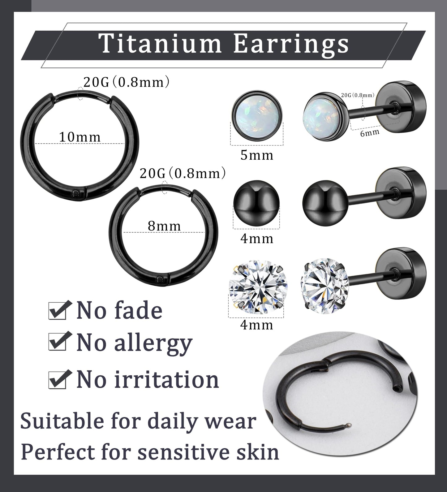 MJust Titanium Earrings for Sensitive Ears 20G Hypoallergenic Stud Hoop Earrings for Women Men Opal Ball CZ Heart Pearl Flat Back Earrings Cartilage Earrings Set