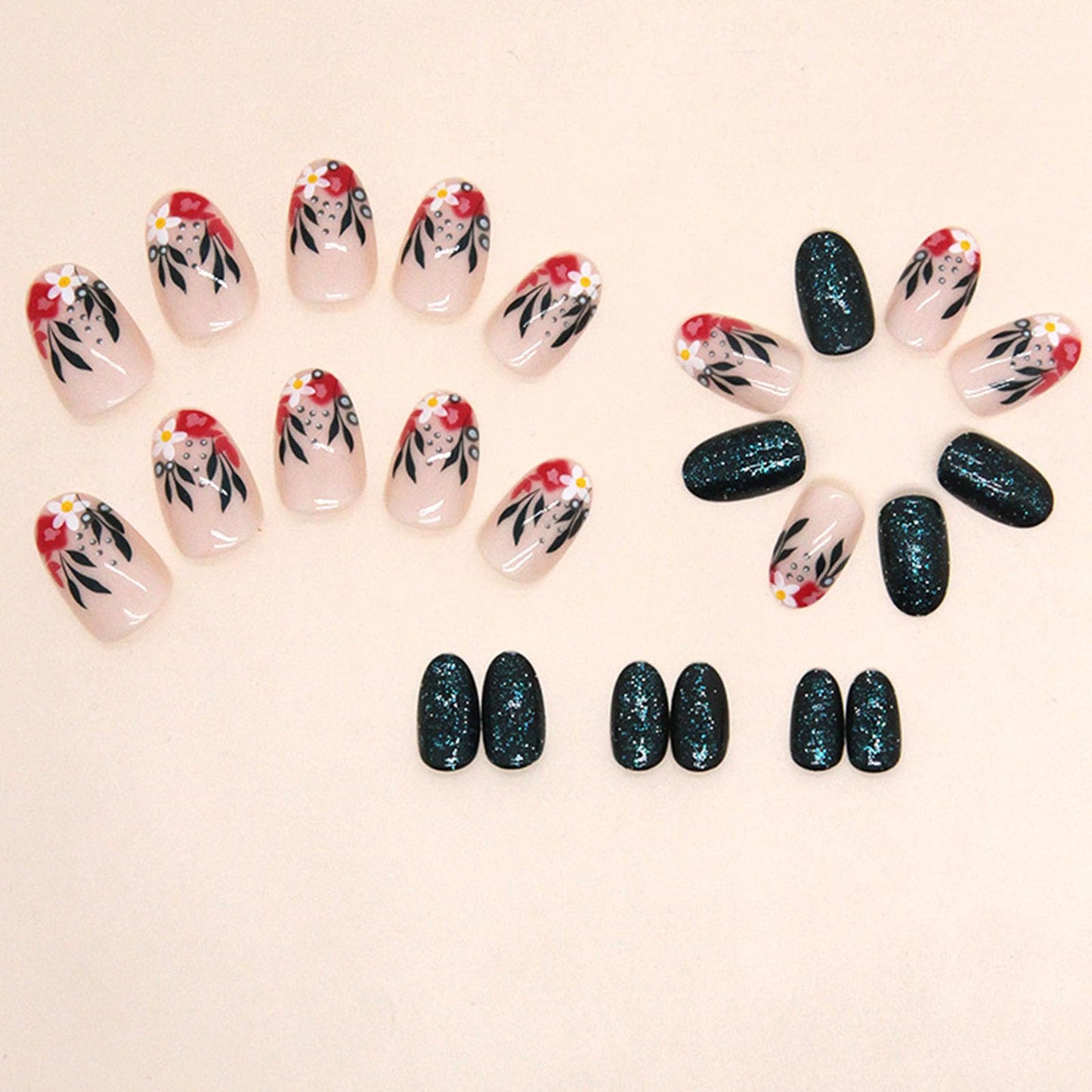 FOLONRAL Short Press on Nails Almond Fake Nails with Floral Patterns Designs Dark Green Glitter Acrylic Nails Nude Full Cover Glue on Nails Glossy Stick on Nails for Women 24 Pcs