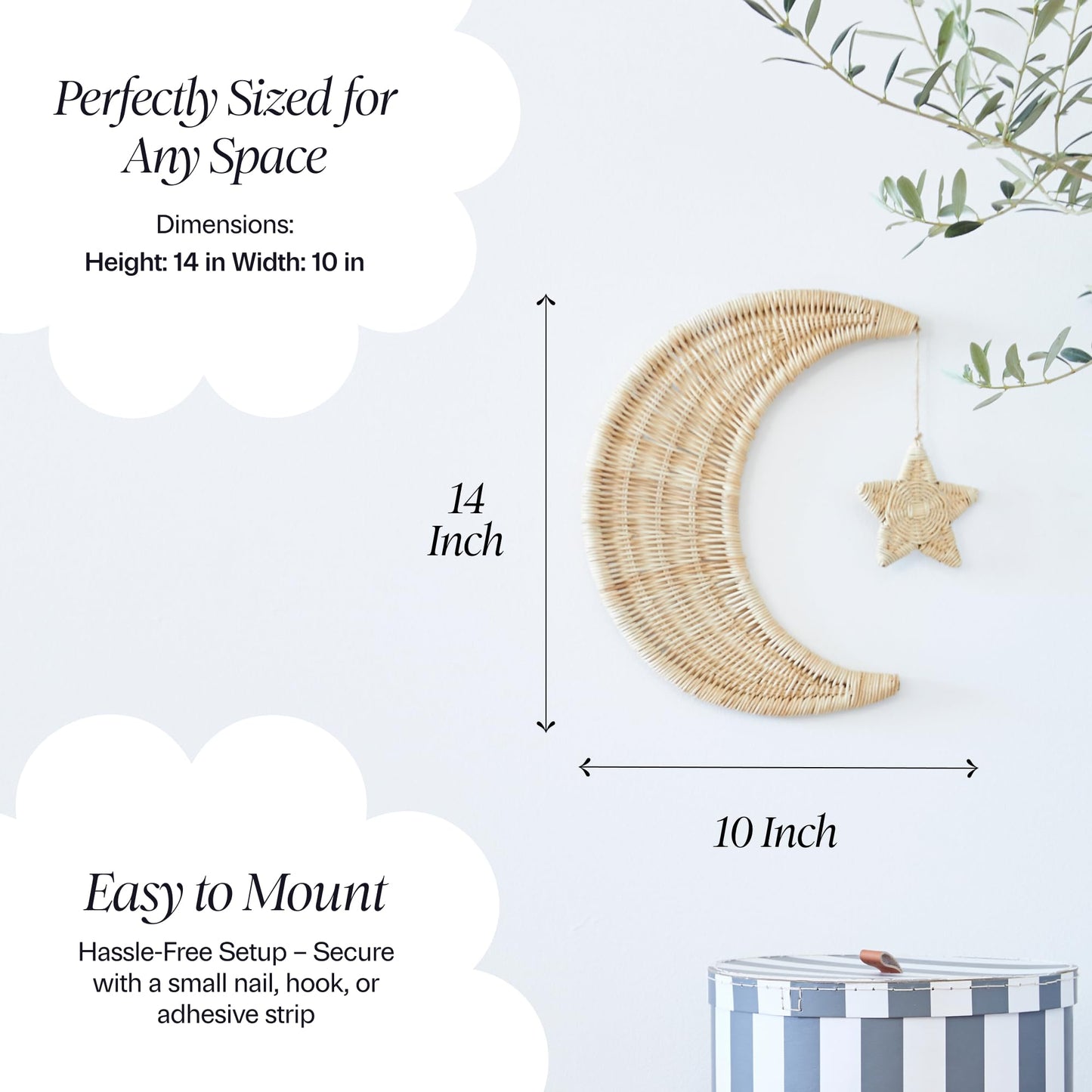 BEBE BASK Handmade Rattan Moon Wall Decor with Star - 100% Natural Organic Rattan Moon Decor for The Boho Nursery Decor - Moon and Stars Nursery Décor