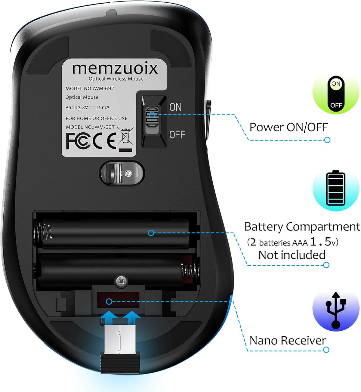 memzuoix 2.4G Wireless Mouse, 1400 DPI Mobile Optical Cordless Mouse with USB Receiver, Portable Computer Mice Wireless Mice for Laptop, PC, Desktop, MacBook, 5 Buttons (Gunmetal)
