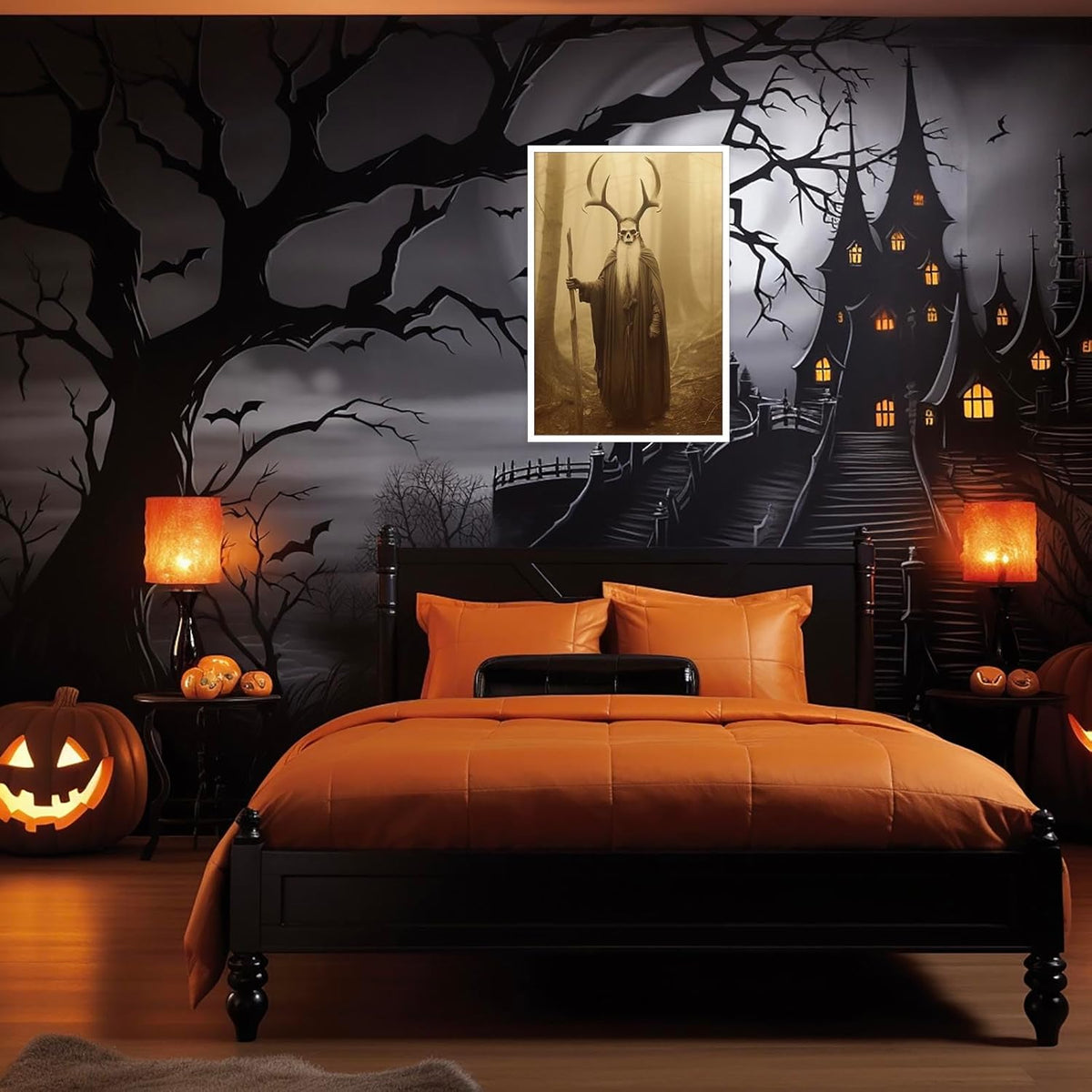 Skeleton Halloween Decor Occult Druid of the Forest Poster Canvas Wall Art Vintage Spooky Print Gothic Room Decor Dark Academia Decorations Bedroom Creepy Skull Picture 16X24inch Unframed