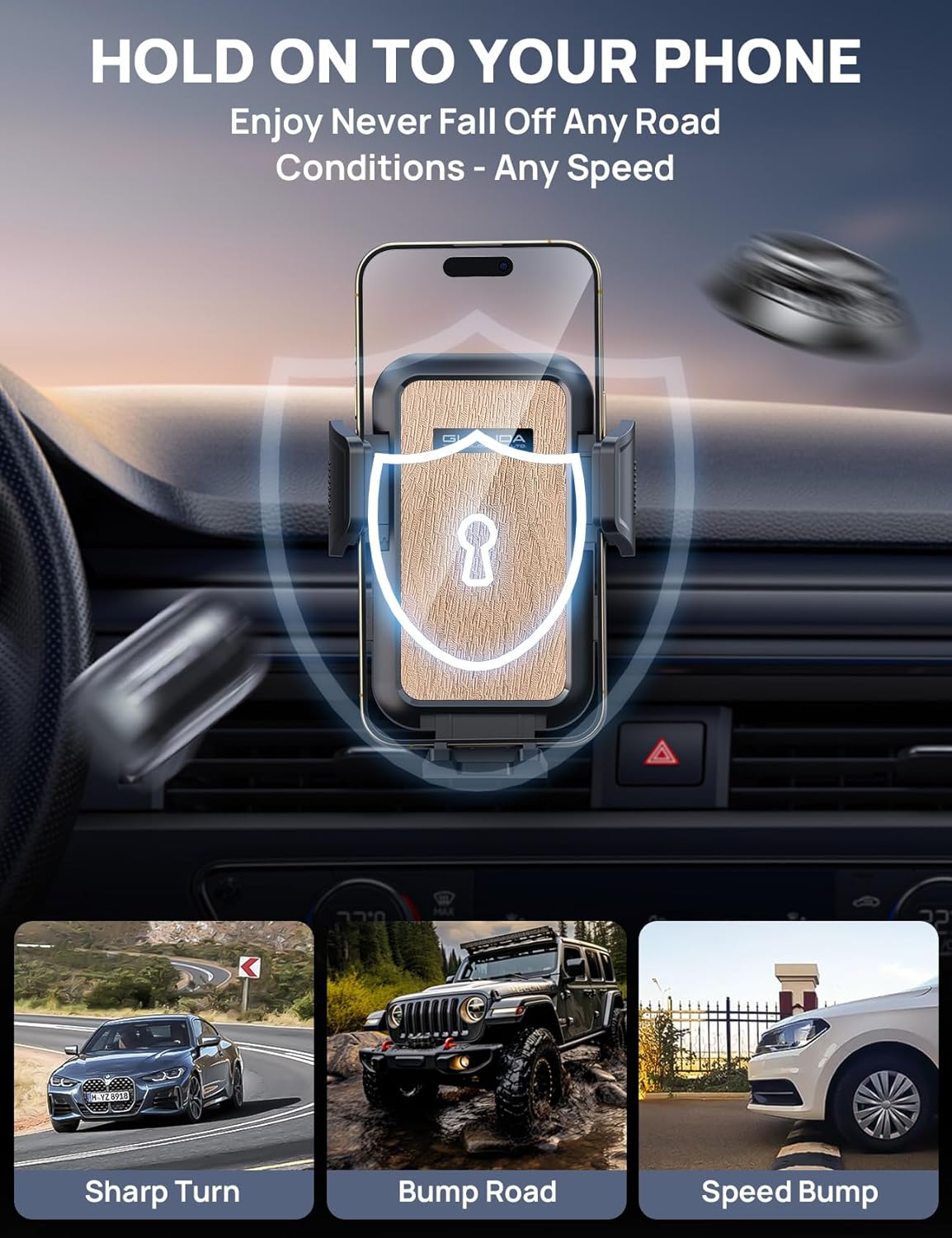 [2025 New] Dashboard Phone Holders for Your Car (+Vent Hook)[Military Grade Stable] Car Cell Phone Holder, Non-Slip Silicone Carbon Fiber Car Phone Mount, Rotatable Suction Cup for All Phone, Gold