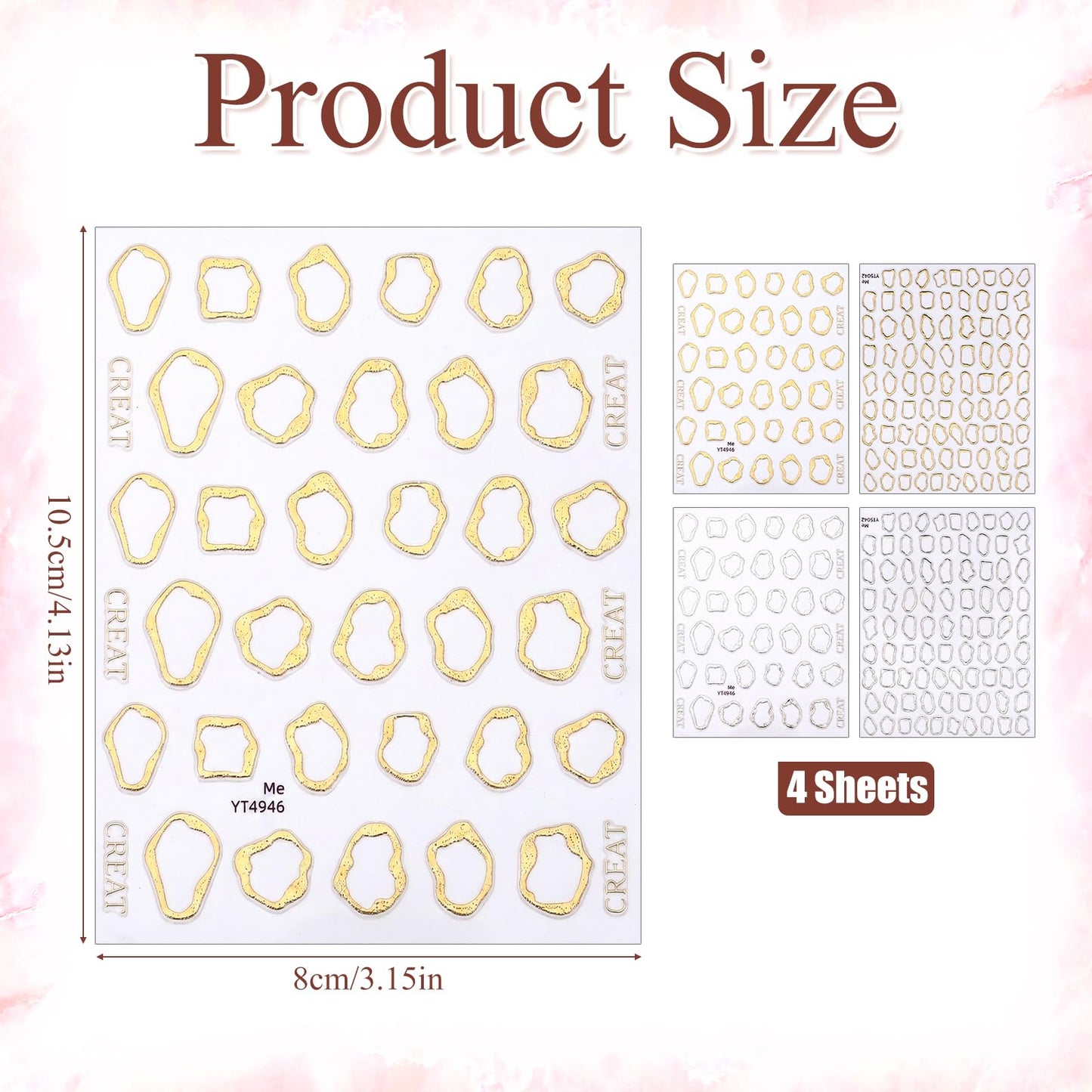 4 Sheets 5D Embossed Nail Stickers for Nail Art - Irregular Geometric Lines Frames Nail Art Design Self Adhesive Chrome Decals for Gel Nails Manicure Accessories-Gold Silver