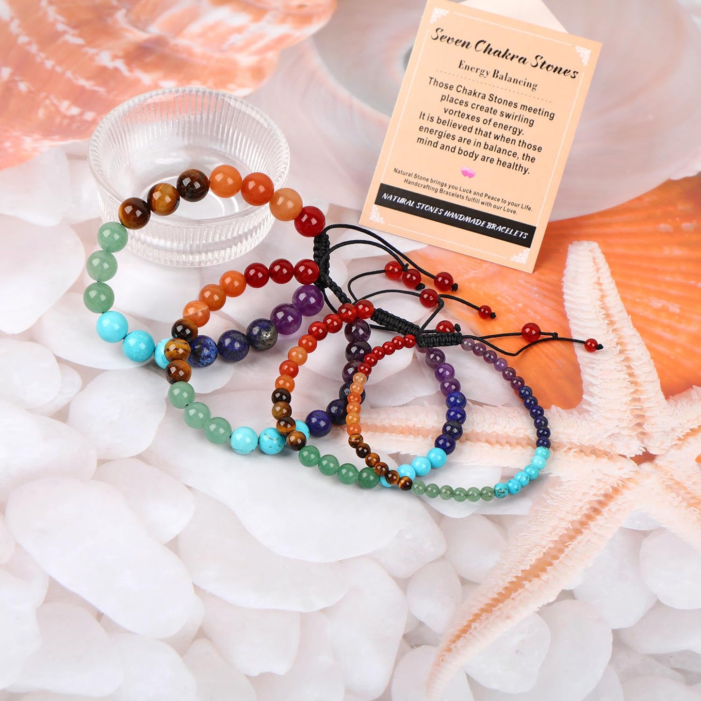 AD Beads 8mm Seven Chakra - Energy Balancing - Handmade Natural Stone Crystal Bracelet with Adjustable Macrame String - Yoga Healing Power Energy Gifts for Men and Women