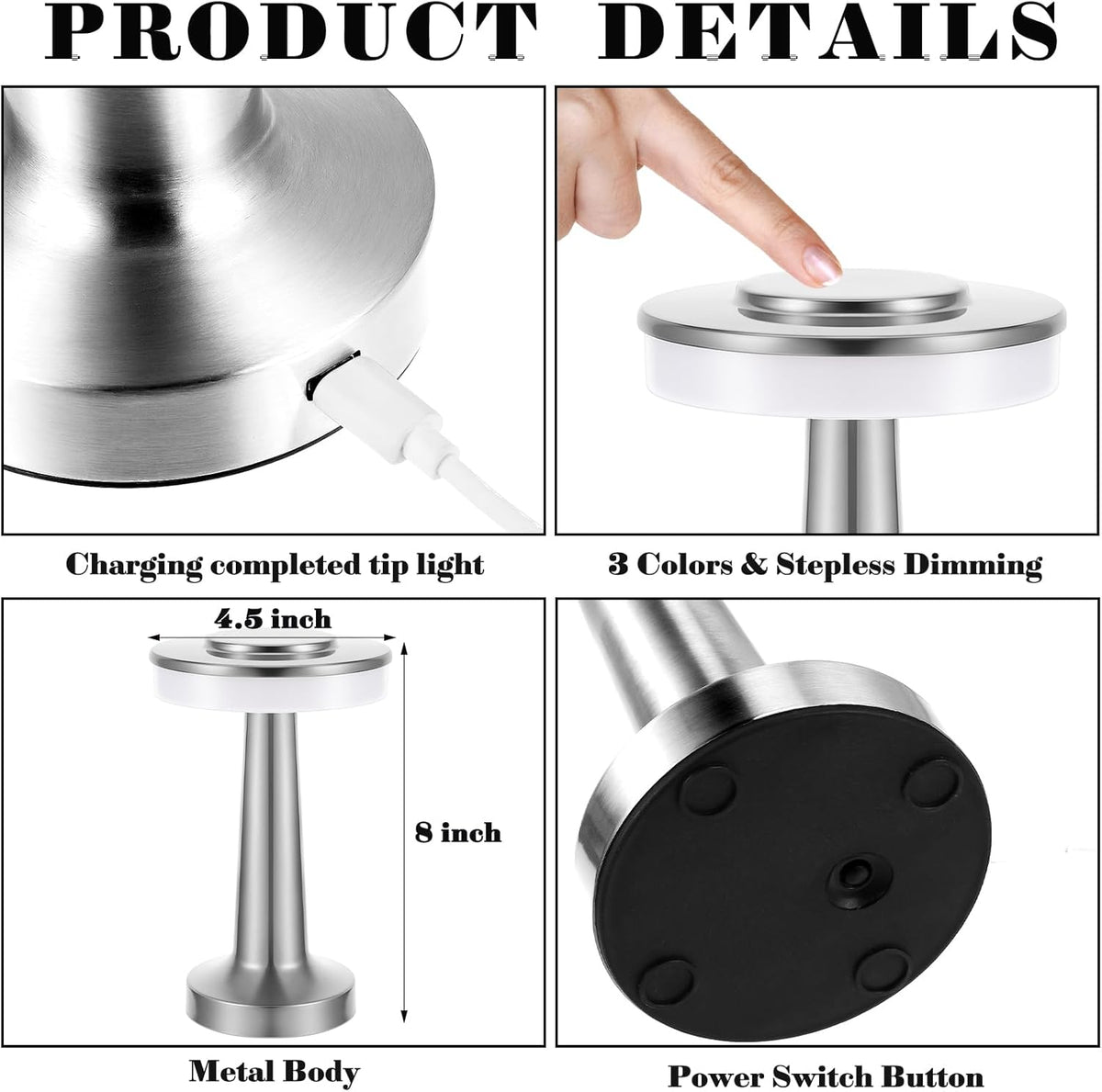 VIHOSE Set of 8 LED Portable Cordless Table Lamp with Touch Sensor 3 Color Stepless Dimming Rechargeable Battery up to 15 Hours Cordless Table Light Wireless Lamp for Nursery(Silver)